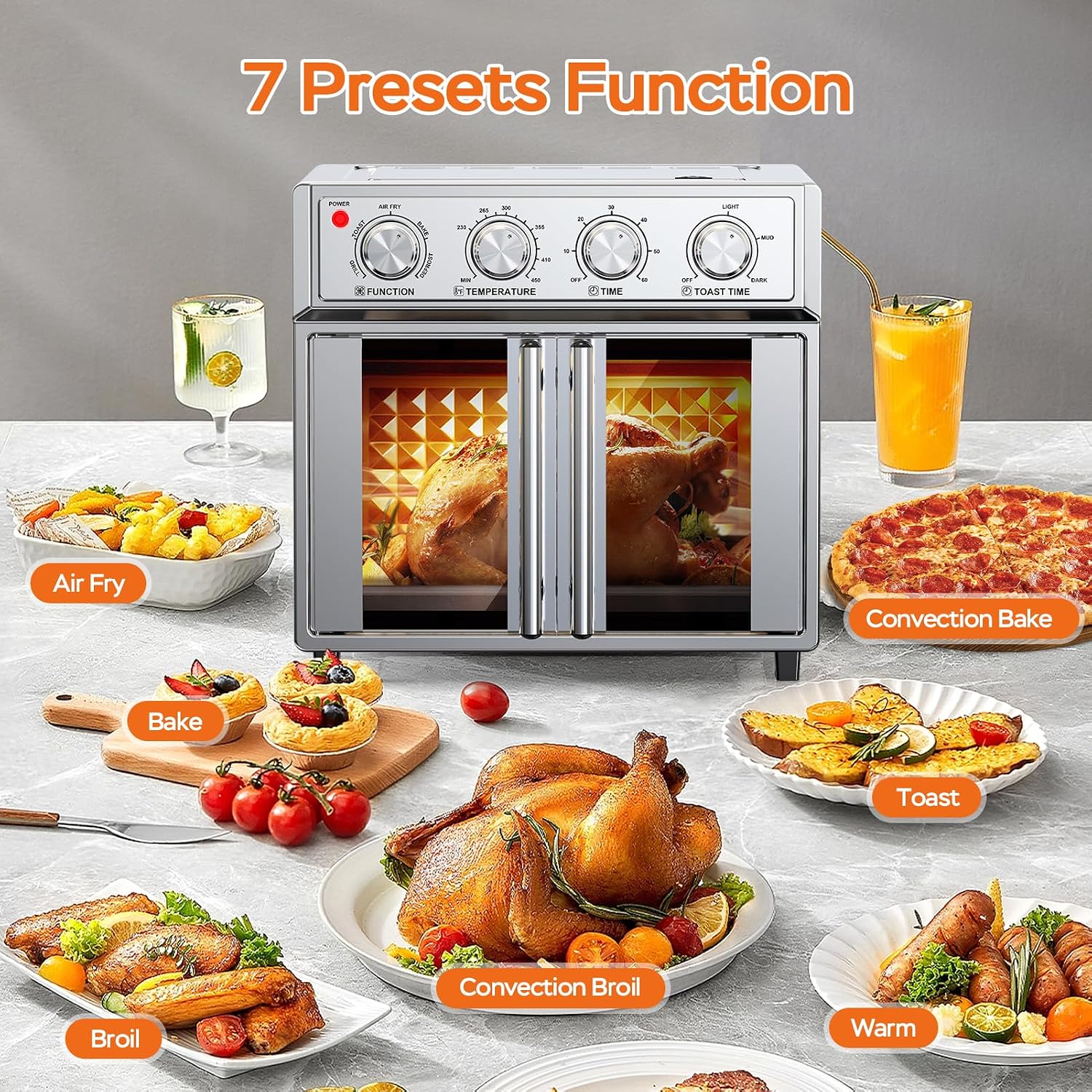 PlumChef 27.5QT Large Capacity Air Fryer Toaster Oven, French Double Door Convection Oven 1700W,7-in-1 Multifunctional with 7 Presets for Bake Roast Grill Toast Dehydrate Defrost, Stainless Steel