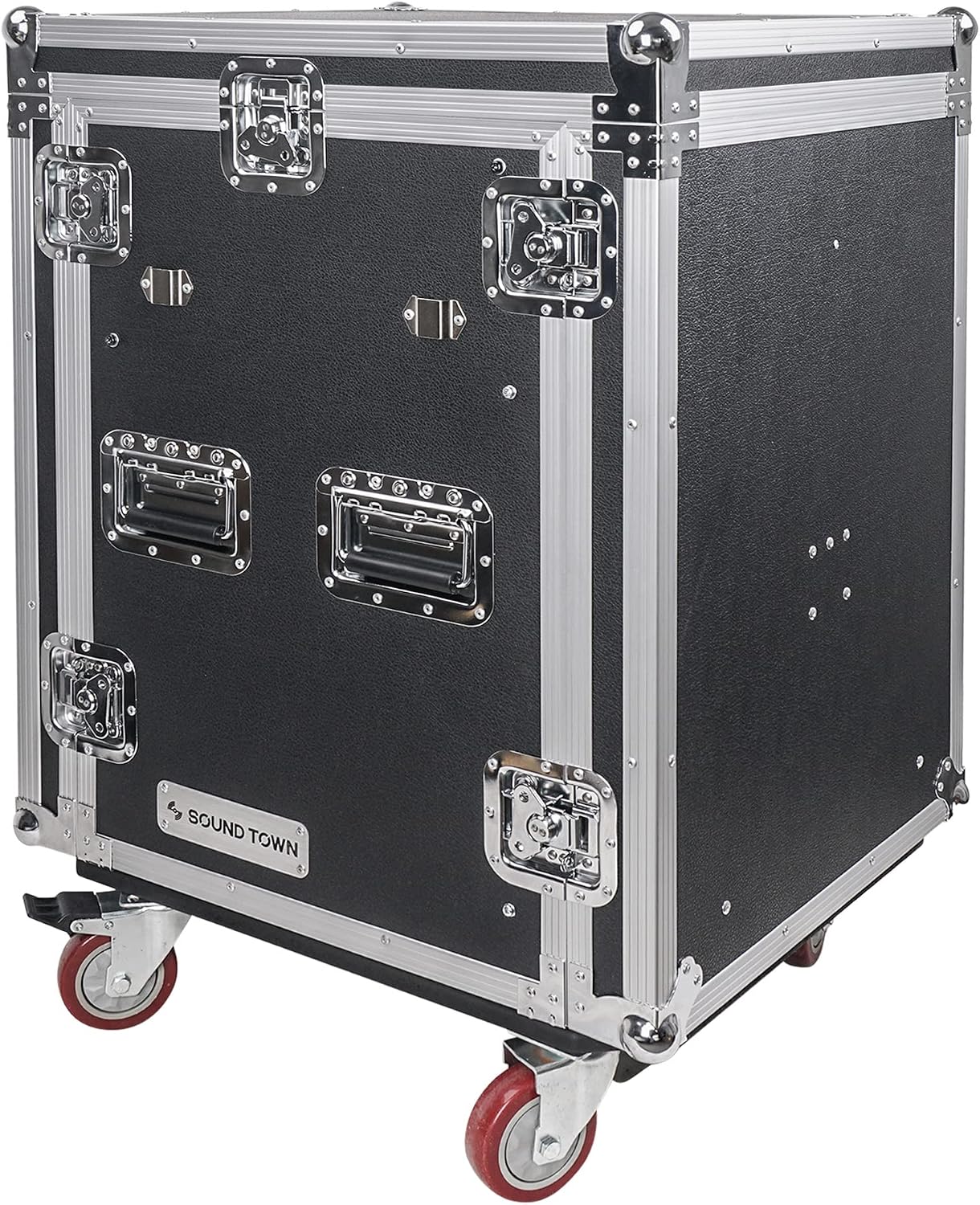 Sound Town PA DJ Combo with Heavy-Duty 1/2' (12mm) Plywood 14U Rack/Road ATA Case w/Slant Mixer Top, DJ Work Table, One 10 Outlet AC Power Conditioner/Sequencer (STMR-14TPS10)