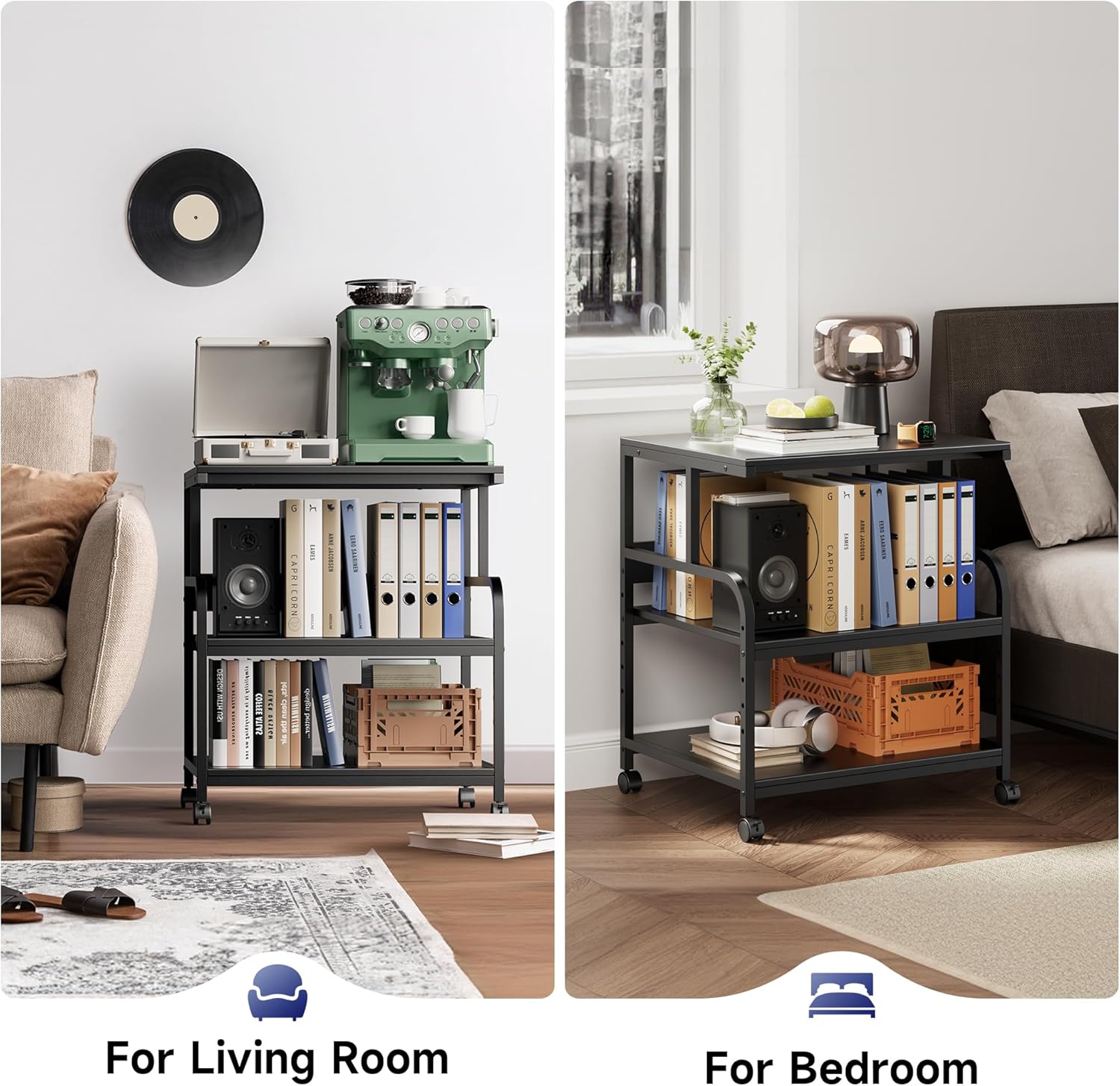 Warmiehomy Printer Stand, 24''×24''×29'' Large Printer Table for Home Office with Locking Casters, Sturdy 3-Tier Rolling Cart with Adjustable Shelf, Mini Fridge Stand, Home Office Essentials, Black