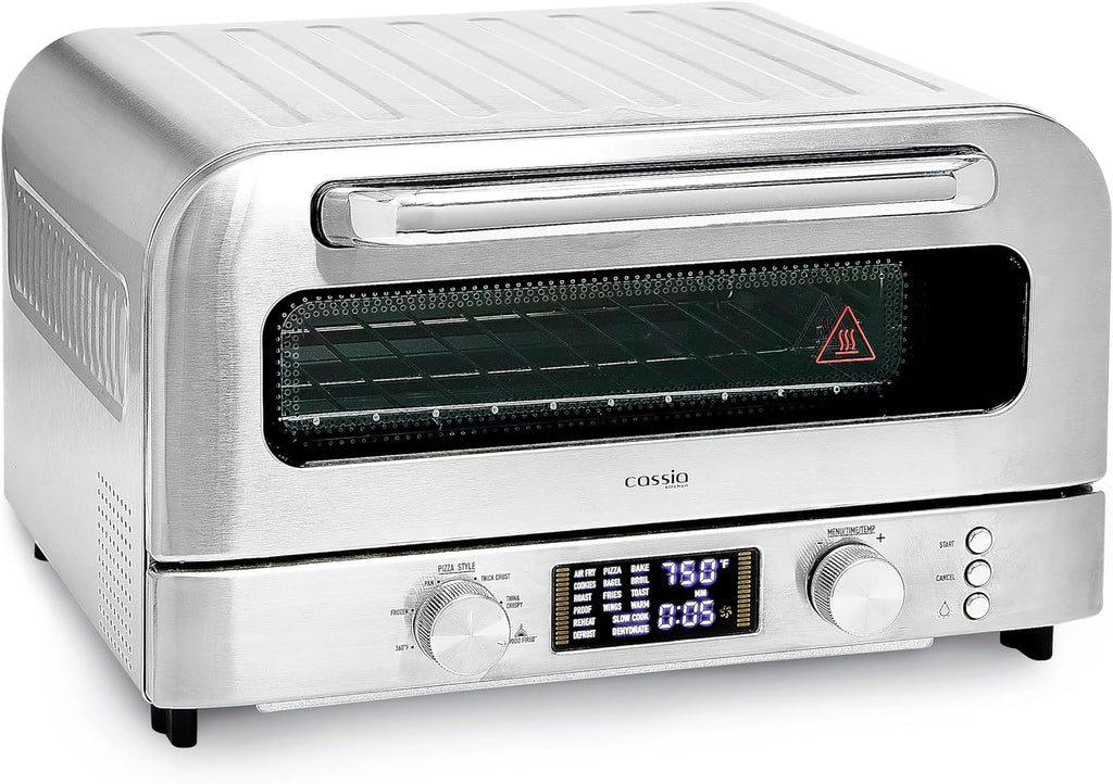 Cassia Countertop Electric Air Fryer Pizza Oven, 12' Capacity, 20L, 1800W, Heats up to 750°F, 16 Presets, Includes Pizza Stone, Peel, Fry Basket, Stainless Steel