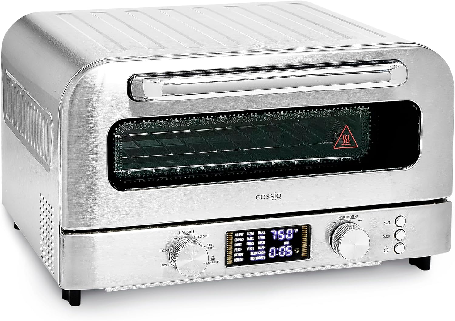 Cassia Countertop Electric Air Fryer Pizza Oven, 12' Capacity, 20L, 1800W, Heats up to 750°F, 16 Presets, Includes Pizza Stone, Peel, Fry Basket, Stainless Steel