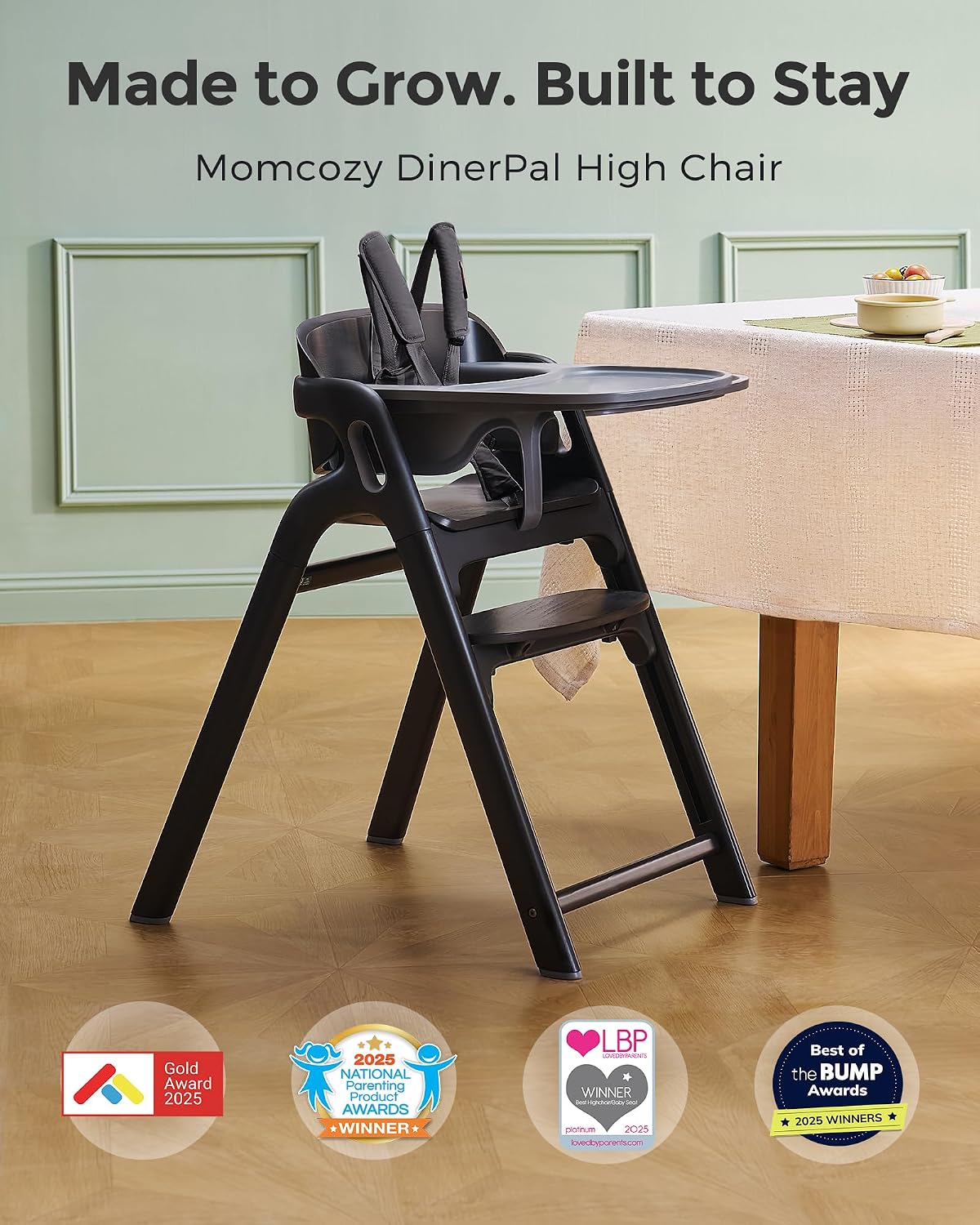 Momcozy DinerPal Wooden High Chair for Babies, Toddlers & Adults Up to 308 Lbs, Convertible Baby Highchair with Food-Grade Tray, Dishwasher-Safe, Adjustable & Ergonomic, Midnight Black