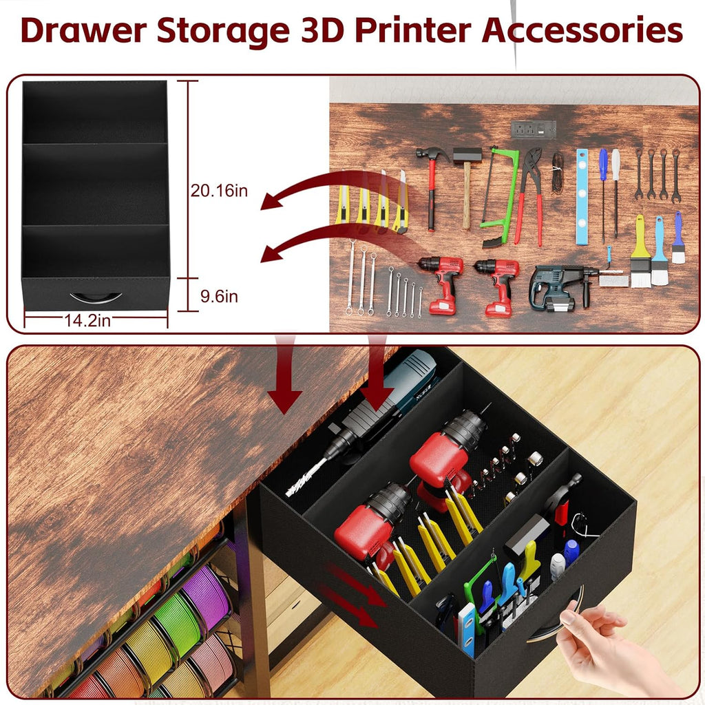 3D Printer Stand with Filament Storage Rack, 3D Printer Table with Power Outlet, 3-Tier Filament Holder with Drawer, 3D Printer Filament Stand Organized for Office Workshop Studio Office