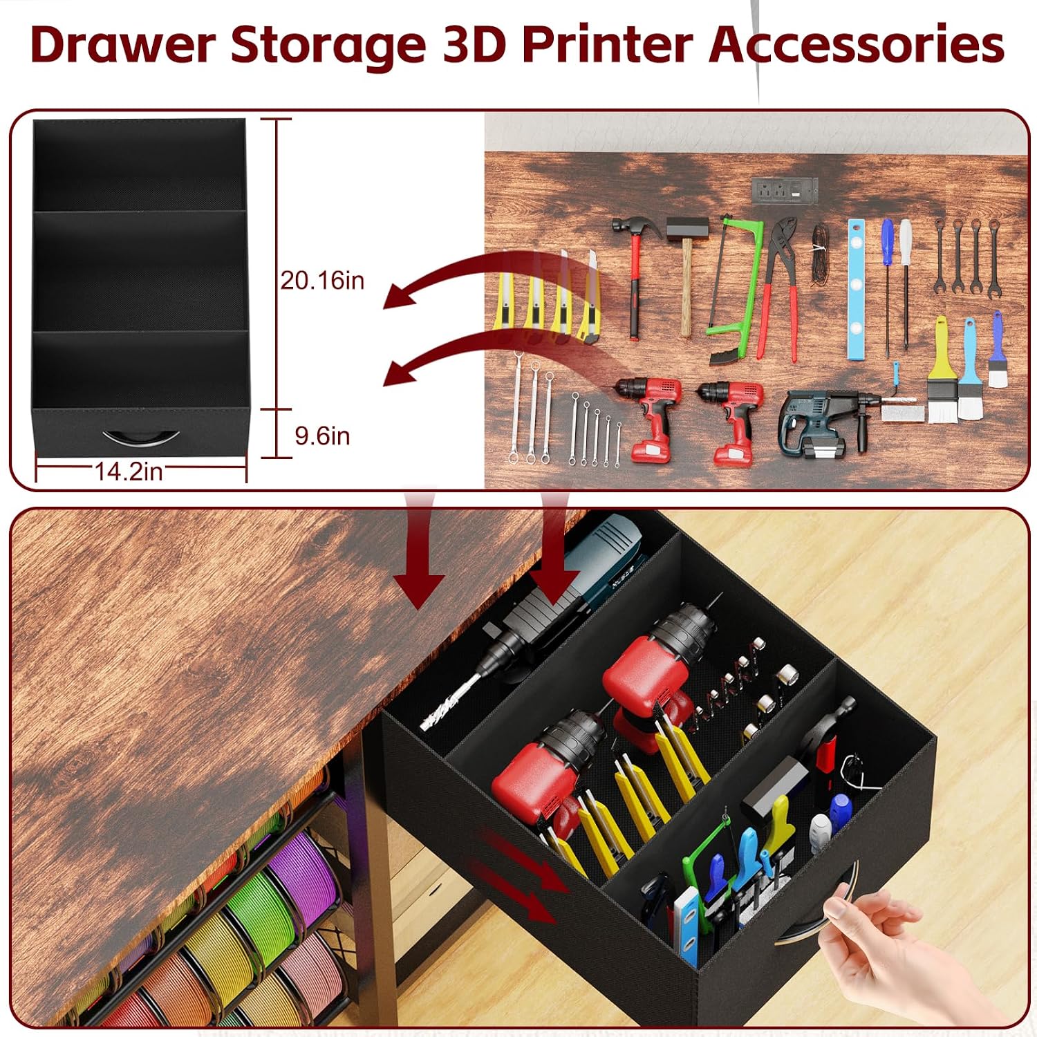 3D Printer Stand with Filament Storage Rack, 3D Printer Table with Power Outlet, 3-Tier Filament Holder with Drawer, 3D Printer Filament Stand Organized for Office Workshop Studio Office