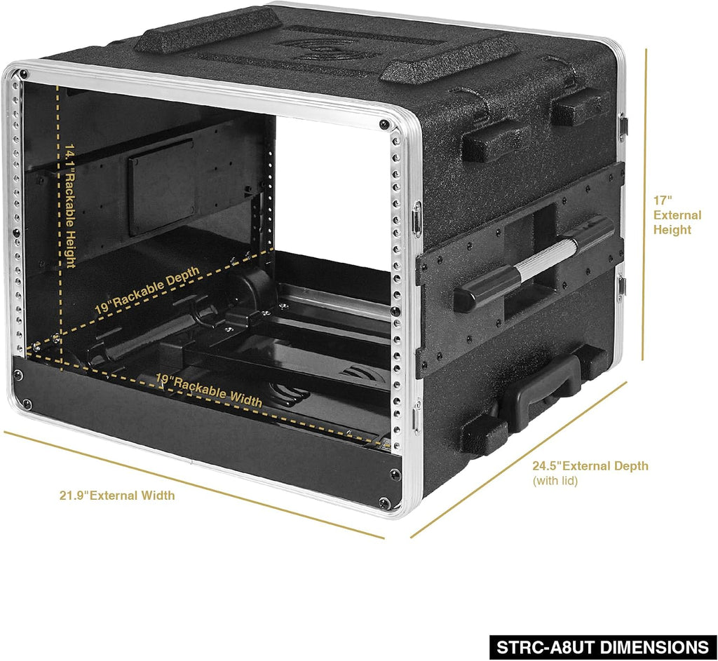 Sound Town Lightweight 8U PA DJ Rack/Road Case with 7U Rack Space, ABS Construction, 19' Depth, Retractable Handle, Wheels and Heavy-Duty Latches (STRC-A8UT)