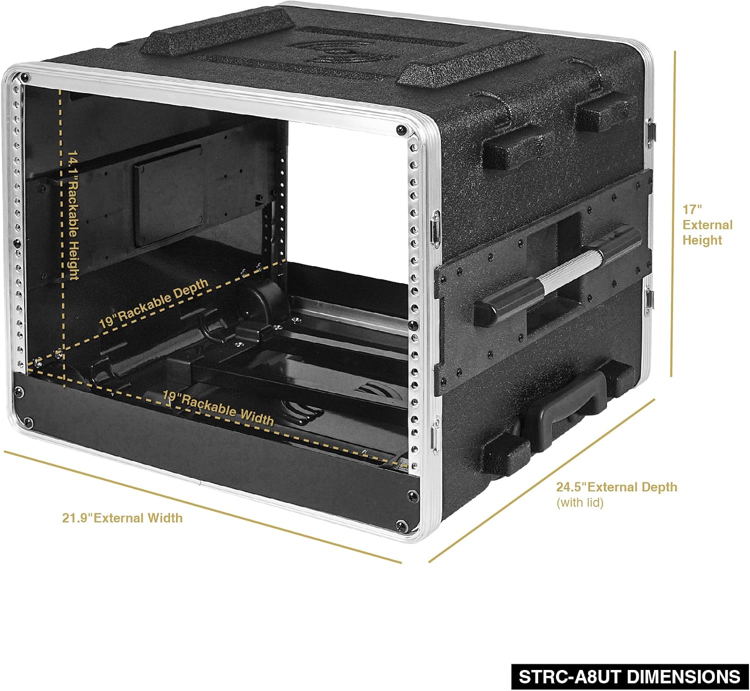Sound Town Lightweight 8U PA DJ Rack/Road Case with 7U Rack Space, ABS Construction, 19' Depth, Retractable Handle, Wheels and Heavy-Duty Latches (STRC-A8UT)