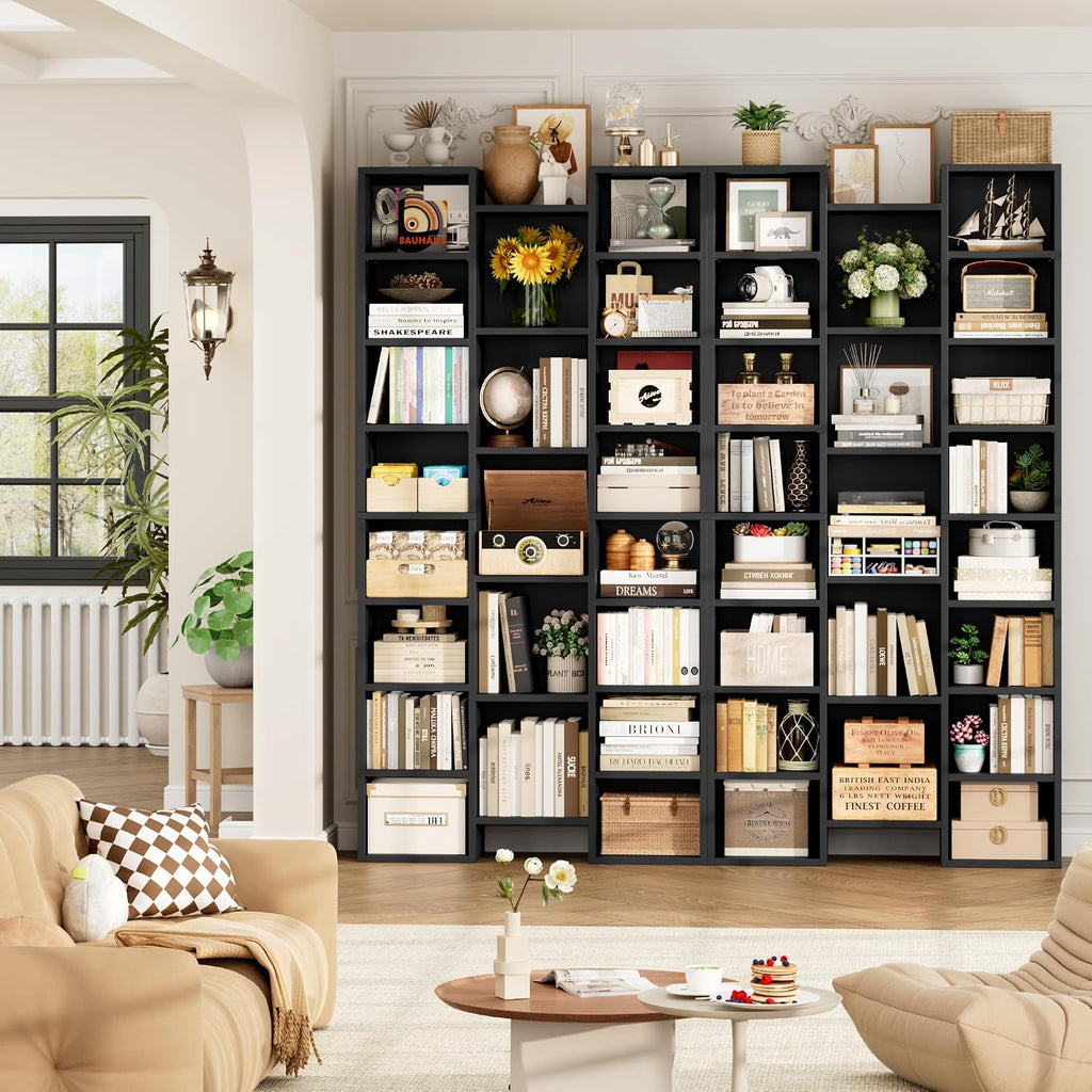 FOTOSOK 71'' Tall Bookshelf with 21 Cubes, 8 Tier Triple Wide Black Bookshelf with 8 Adjustable Shelves, 35' Large Bookcase DVD/CD Media Tower Storage, Freestanding Display Shelf Cabinet, Black