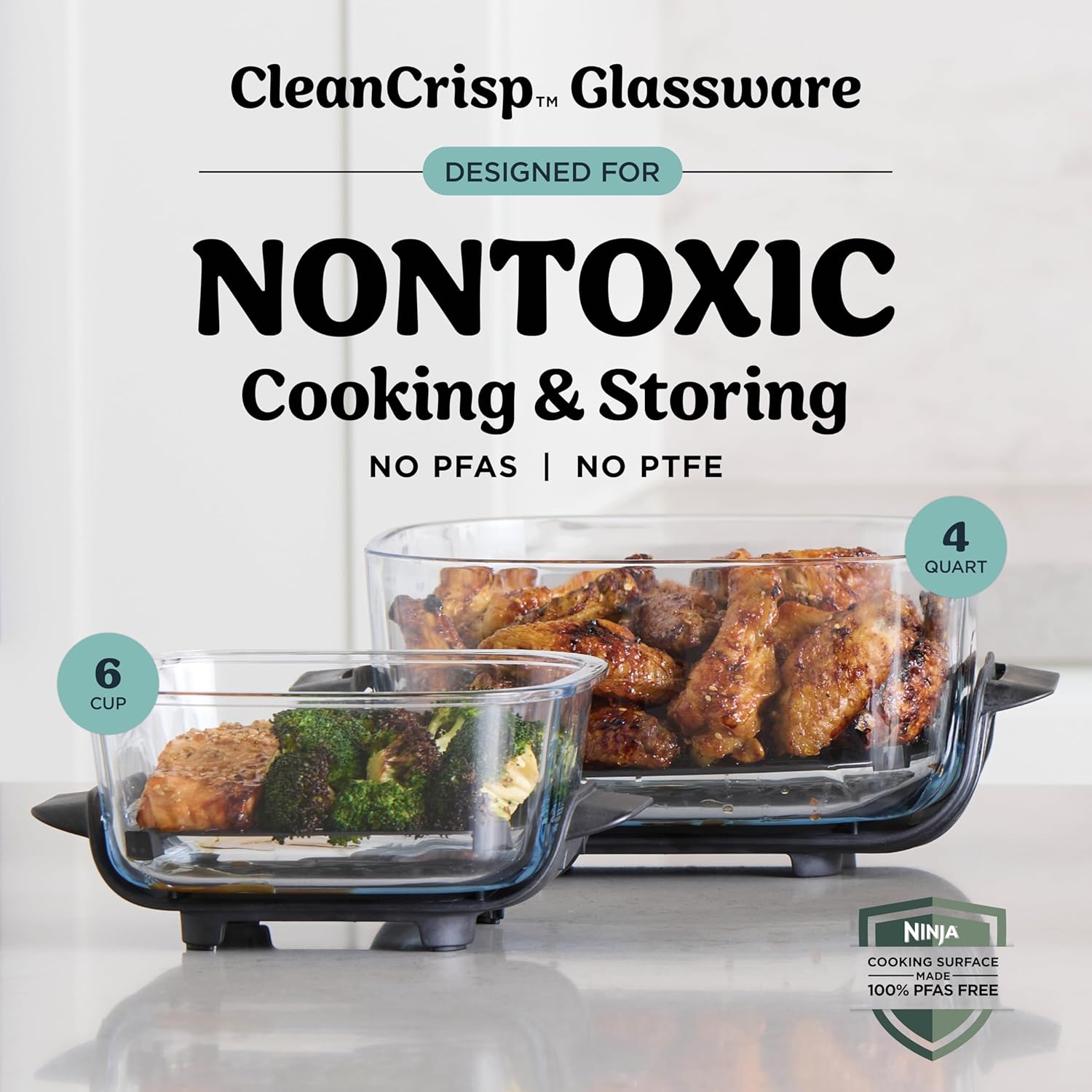 Ninja Crispi Air Fryer, Microwave, Freezer & Dishwasher Safe, Non Toxic Glass Portable Cooking System, 4 QT & 6 Cup Glass Containers with Storage Lids, Easy Meals, Air Fry, Bake, Grey (Renewed)