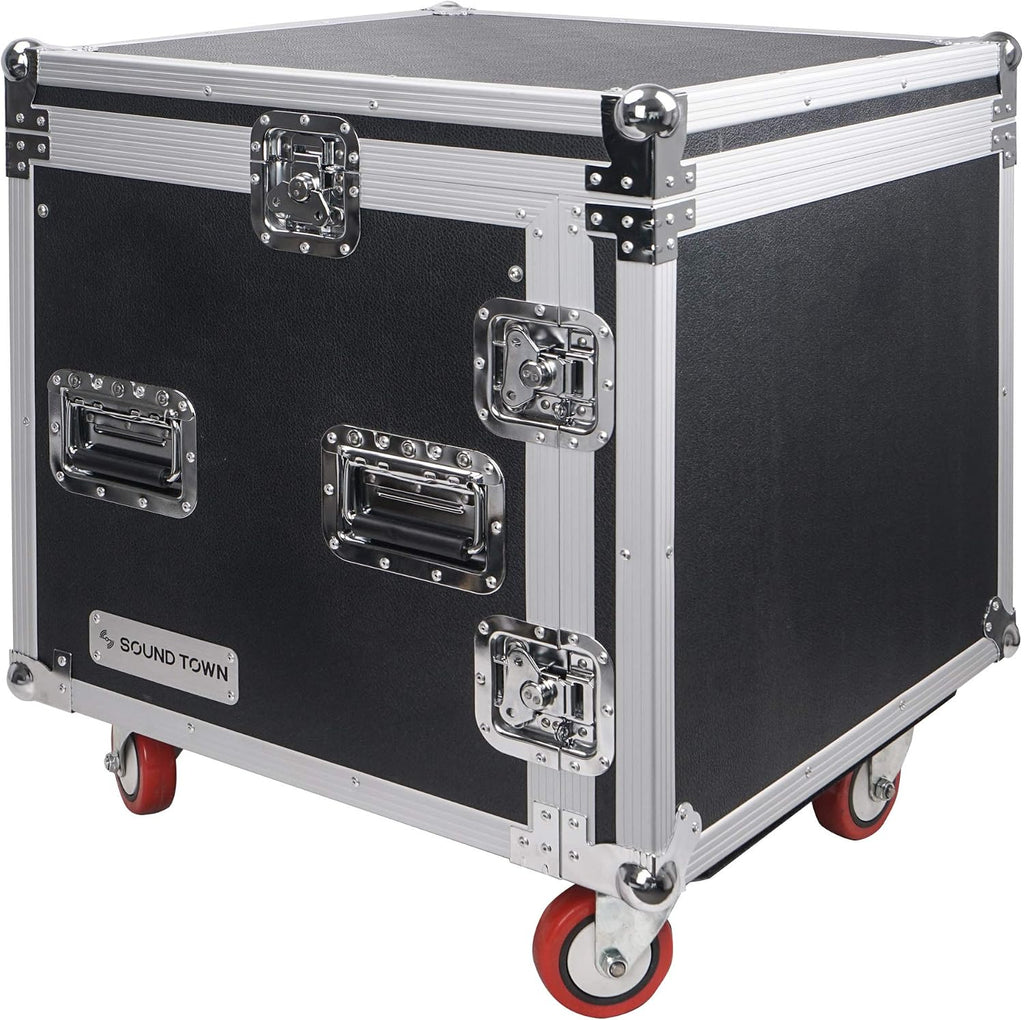 Sound Town Shock Mount 10U ATA Rack Case with 20' Rackable Depth, 11U Slant Mixer Top and Casters, 10-Space Size - Pro Tour Grade (STMR-SP10UW)