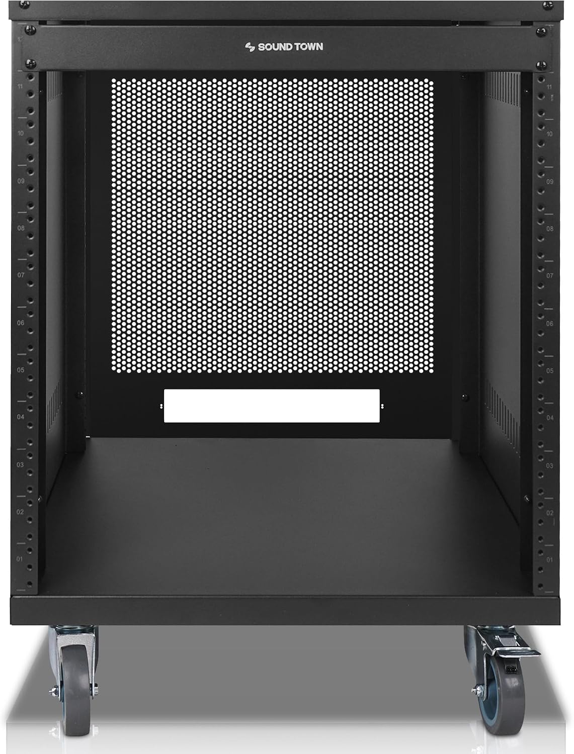 Sound Town 12U Universal Steel Rack, w/Mesh Doors, Locking Casters, Vented Side Panels for Audio Video, Server and Network Equipment (STRK-M12UWD)