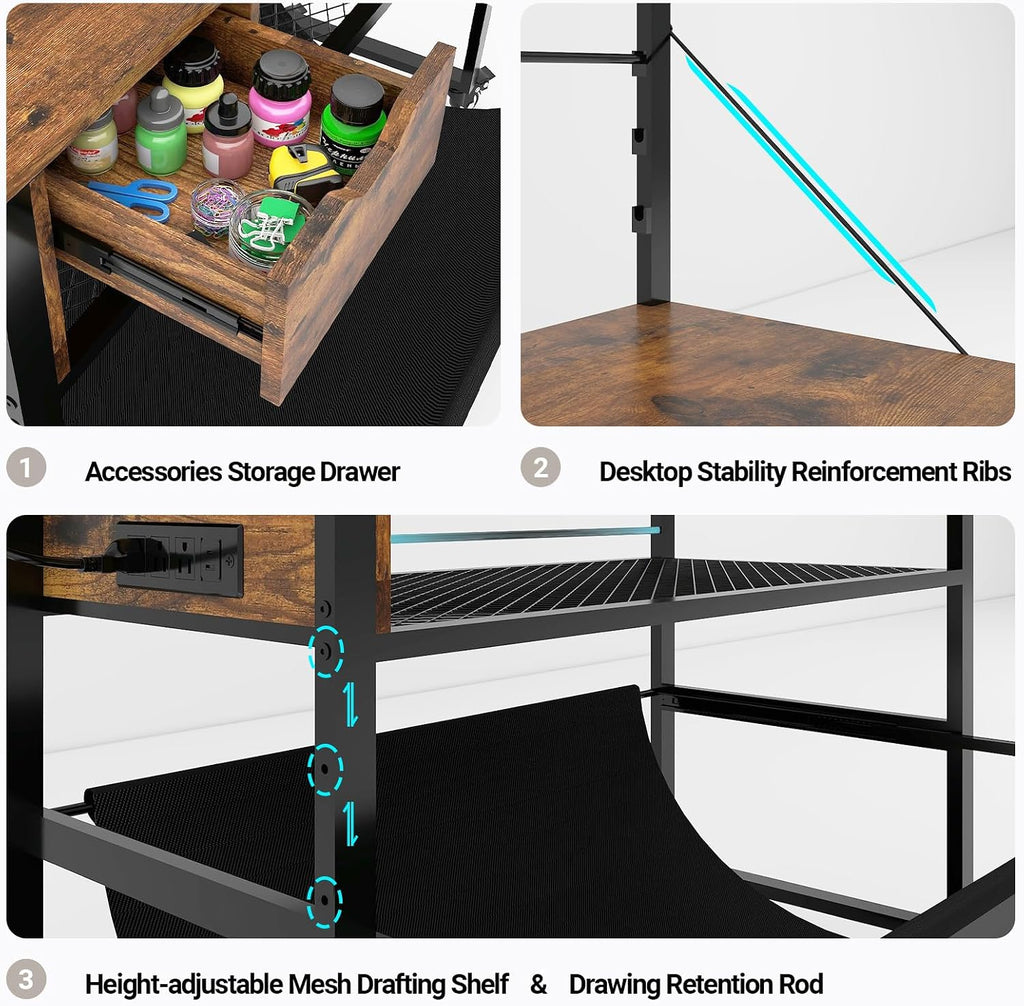 Natwind Wide Format Printer Stand, Plotter Workbench Table with Pull-Out Drafting Storage, Roll Paper Holder, Accessory Drawer, Adjustable Storage Shelf for Plotters and Cutting Machines (Retro)