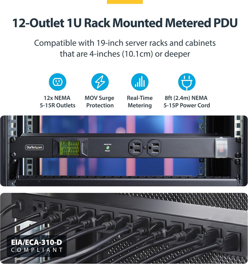 StarTech.com 12-Outlet Horizontal Rack Mount Metered PDU, 1U Server Power Strip w/Surge Protector, 8ft/2.4m Power Cable, TAA