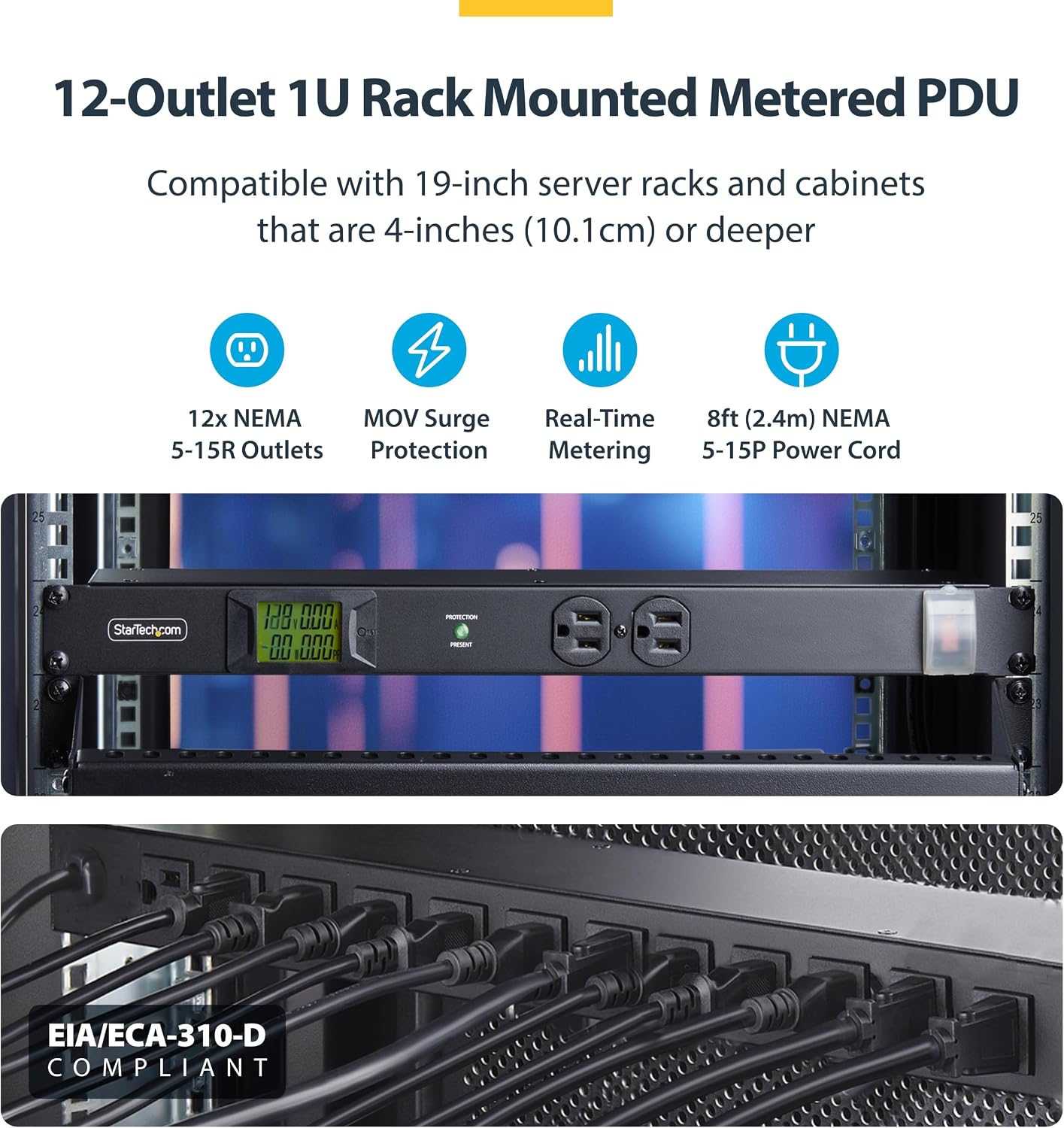 StarTech.com 12-Outlet Horizontal Rack Mount Metered PDU, 1U Server Power Strip w/Surge Protector, 8ft/2.4m Power Cable, TAA