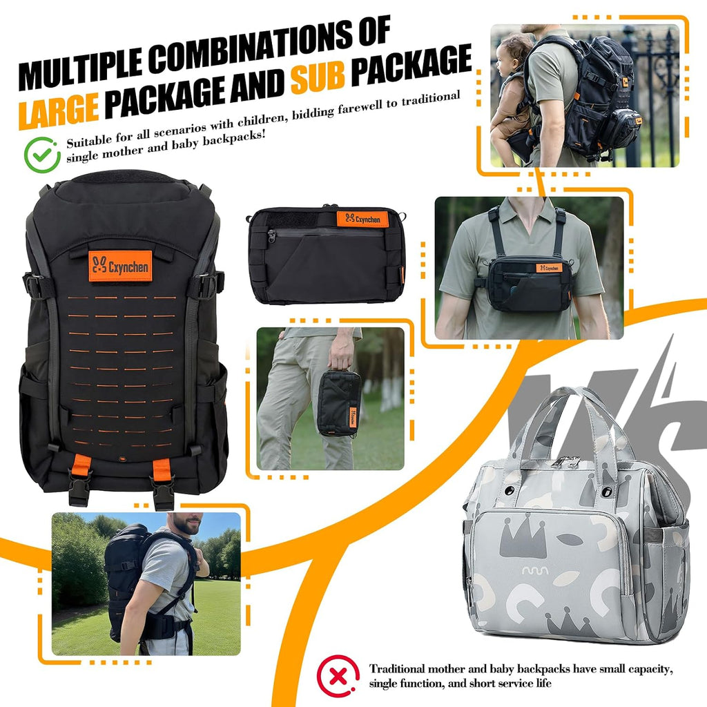 C1-All in 1 Modular Baby Backpack Carrier, Toddler Hiking Backpack with Convertible Baby Carrier & Hip Seat & Chest Bag, Easy to Wear & Switch, 500D Tactical Fabric Carrier for Hiking