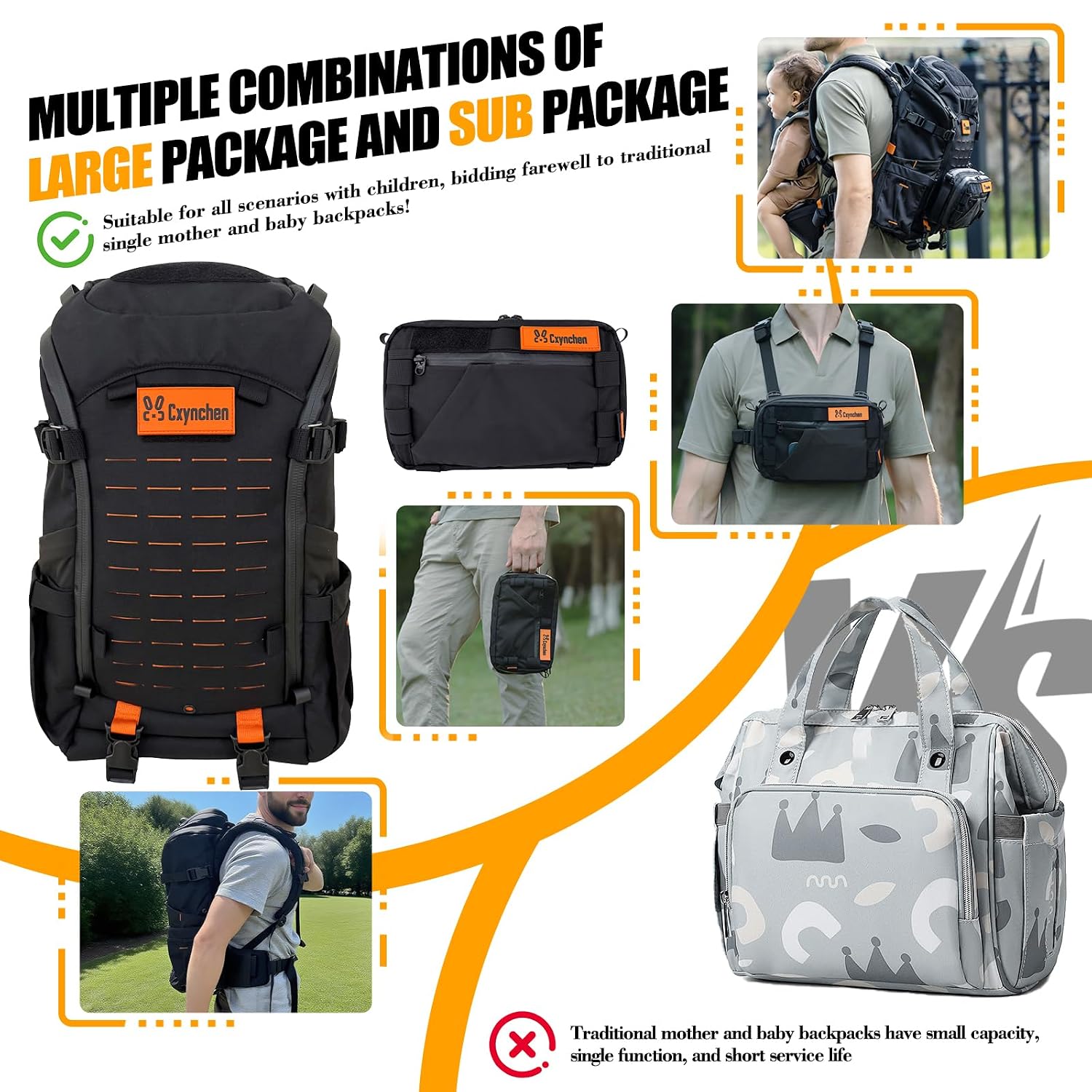 C1-All in 1 Modular Baby Backpack Carrier, Toddler Hiking Backpack with Convertible Baby Carrier & Hip Seat & Chest Bag, Easy to Wear & Switch, 500D Tactical Fabric Carrier for Hiking
