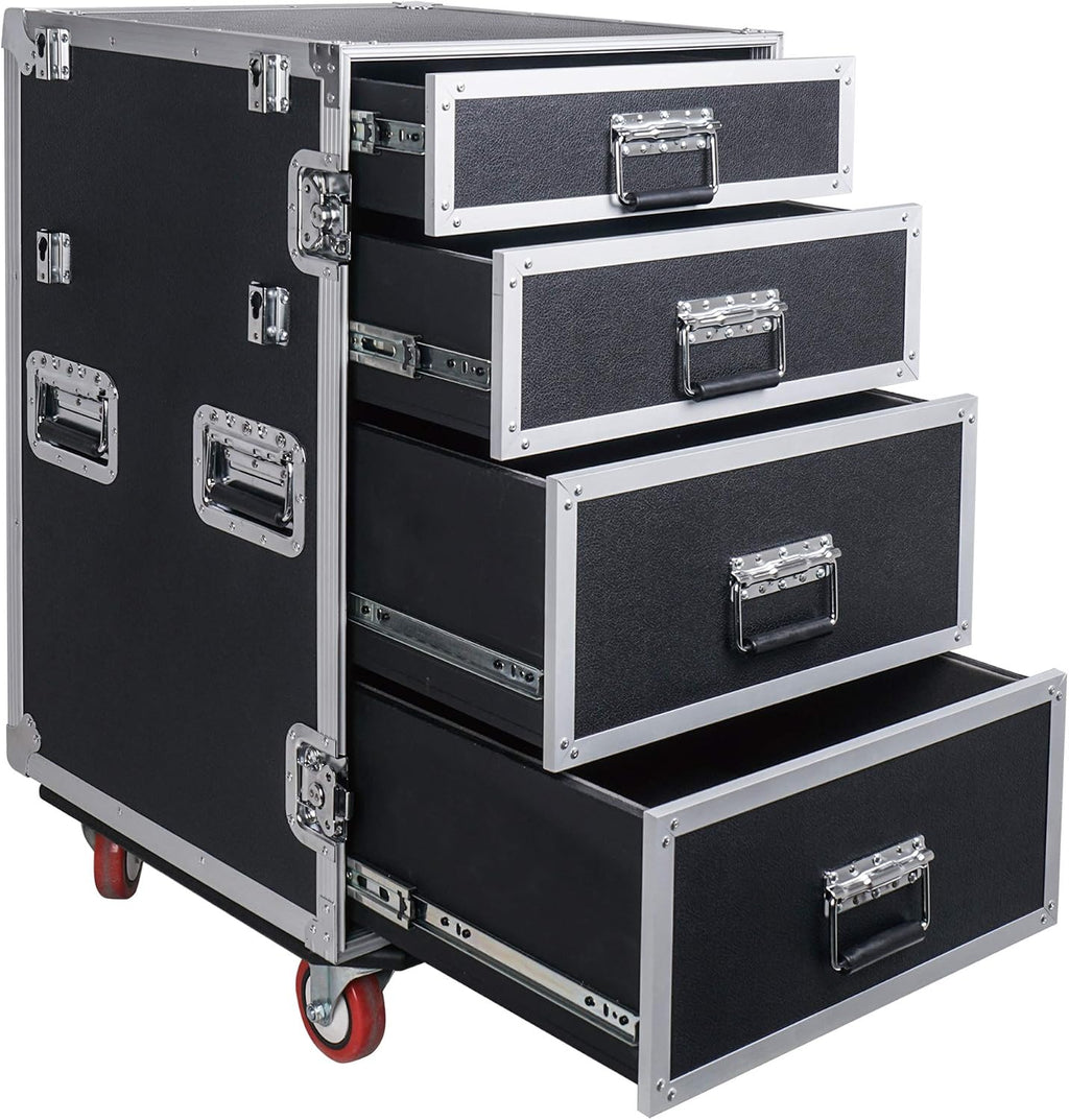 Sound Town Enhanced Thickness 1/2' (12mm) Plywood Road Case with 4-Drawer and Table for Customizable Stage and Studio Utility Equipment Storage, Pro Tour Grade (STRC-PROWT4D)