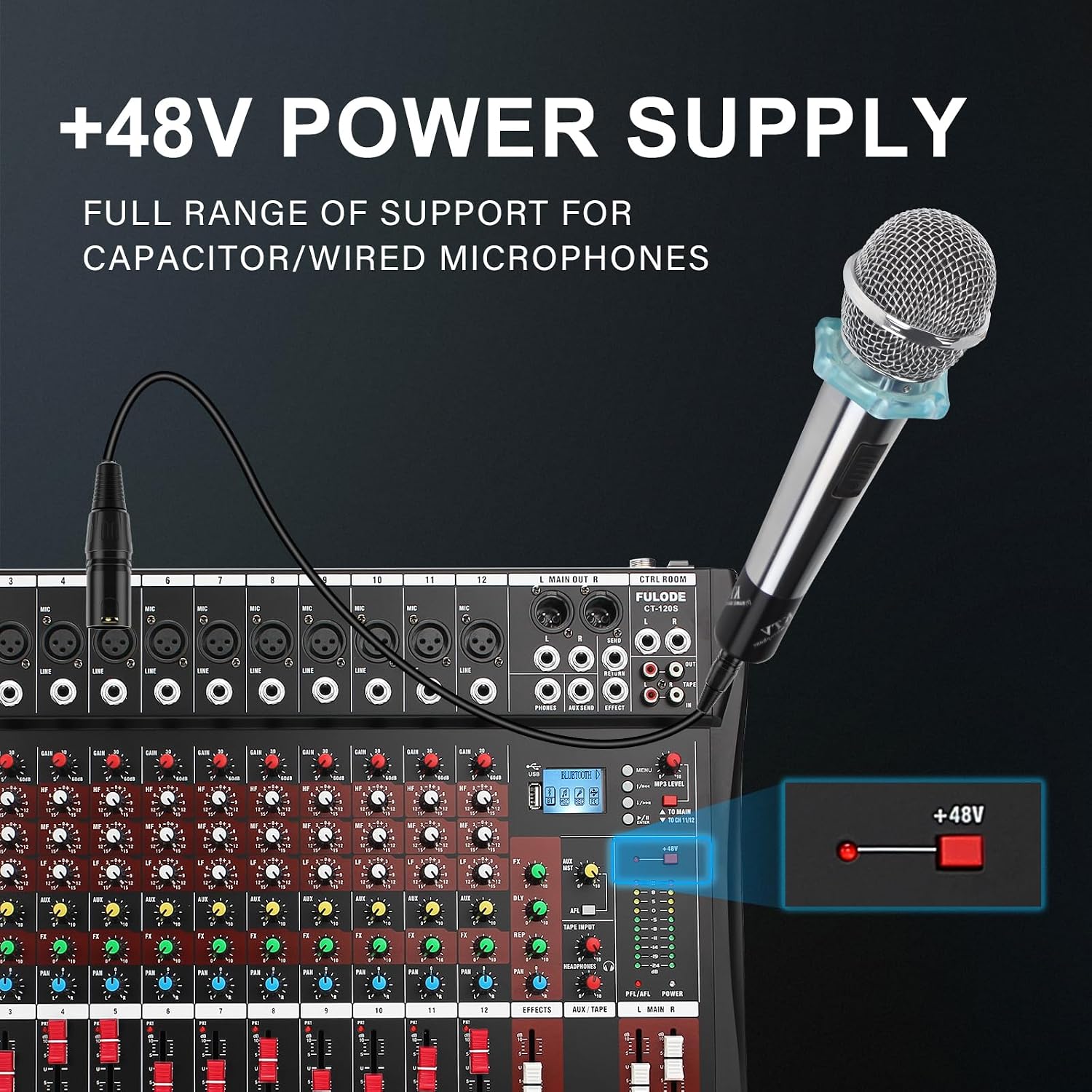FULUODE 12 Channel Mixer Audio Console, CT-120S Professional Music Mixer DJ Mixing Board with Reverb Bluetooth MP3 Player 48V Phantom Power Supply USB Recording for Studio Karaoke Live Performance