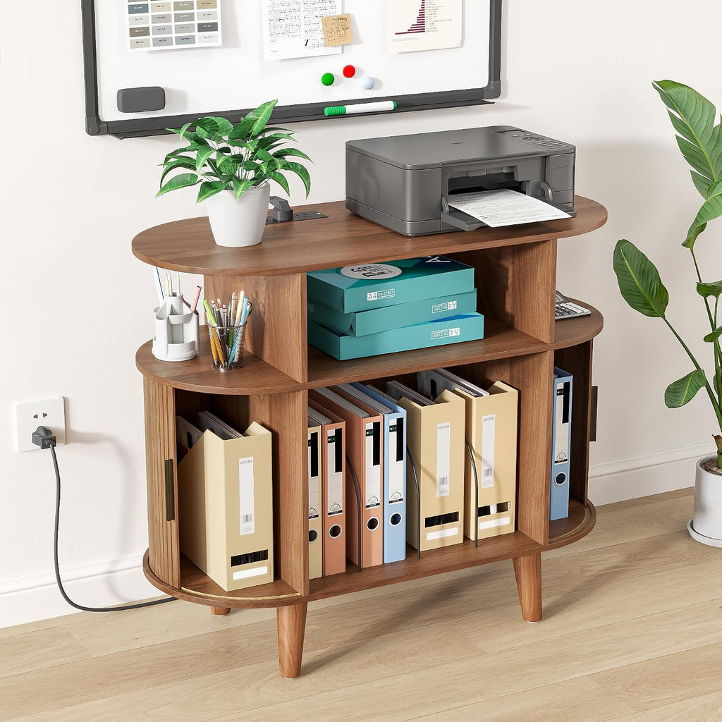 Fiogmub Round Printer Stand with Charging Station & USB Ports, 35.4 x15.7 x 30 Inches Large Printer Table 3 Tier with Storage Shelf for Home Office (Walnut)