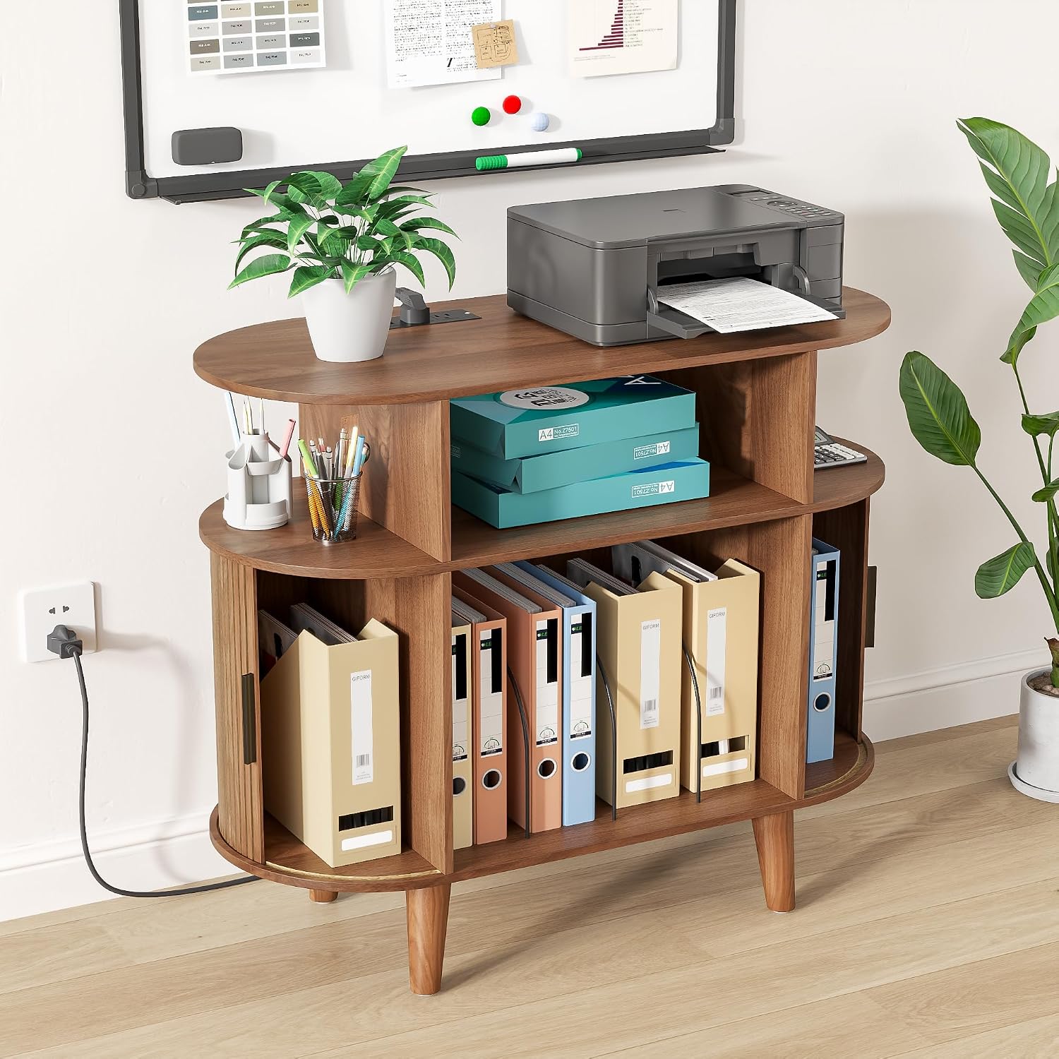 Fiogmub Round Printer Stand with Charging Station & USB Ports, 35.4 x15.7 x 30 Inches Large Printer Table 3 Tier with Storage Shelf for Home Office (Walnut)
