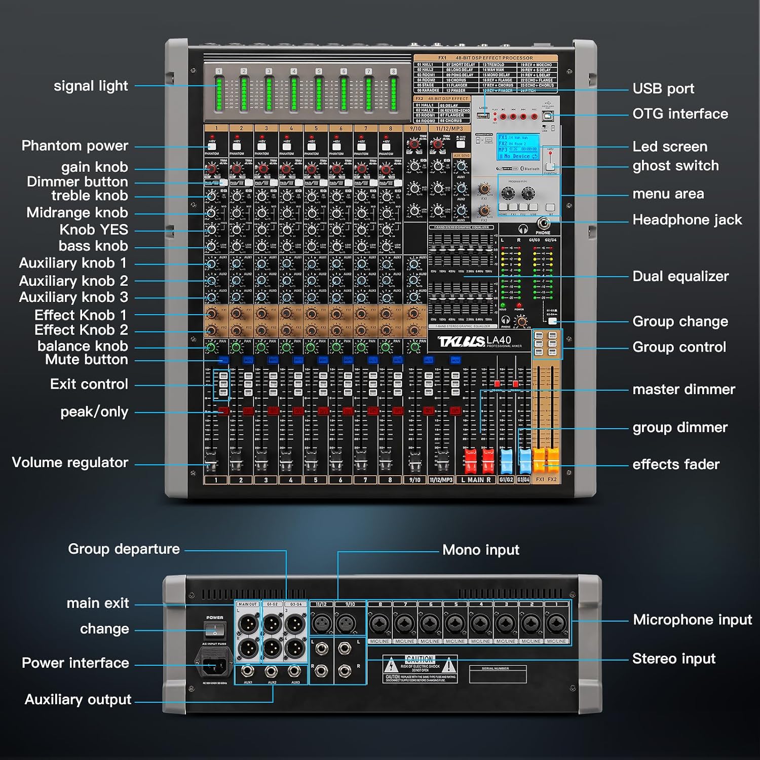 16 Channel Live Sound Audio Mixer with USB Interface, Mixing Console with 48V Phantom Power, 99 DSP Effects, XLR Inputs, DJ Mixer for Events, Stage, Band