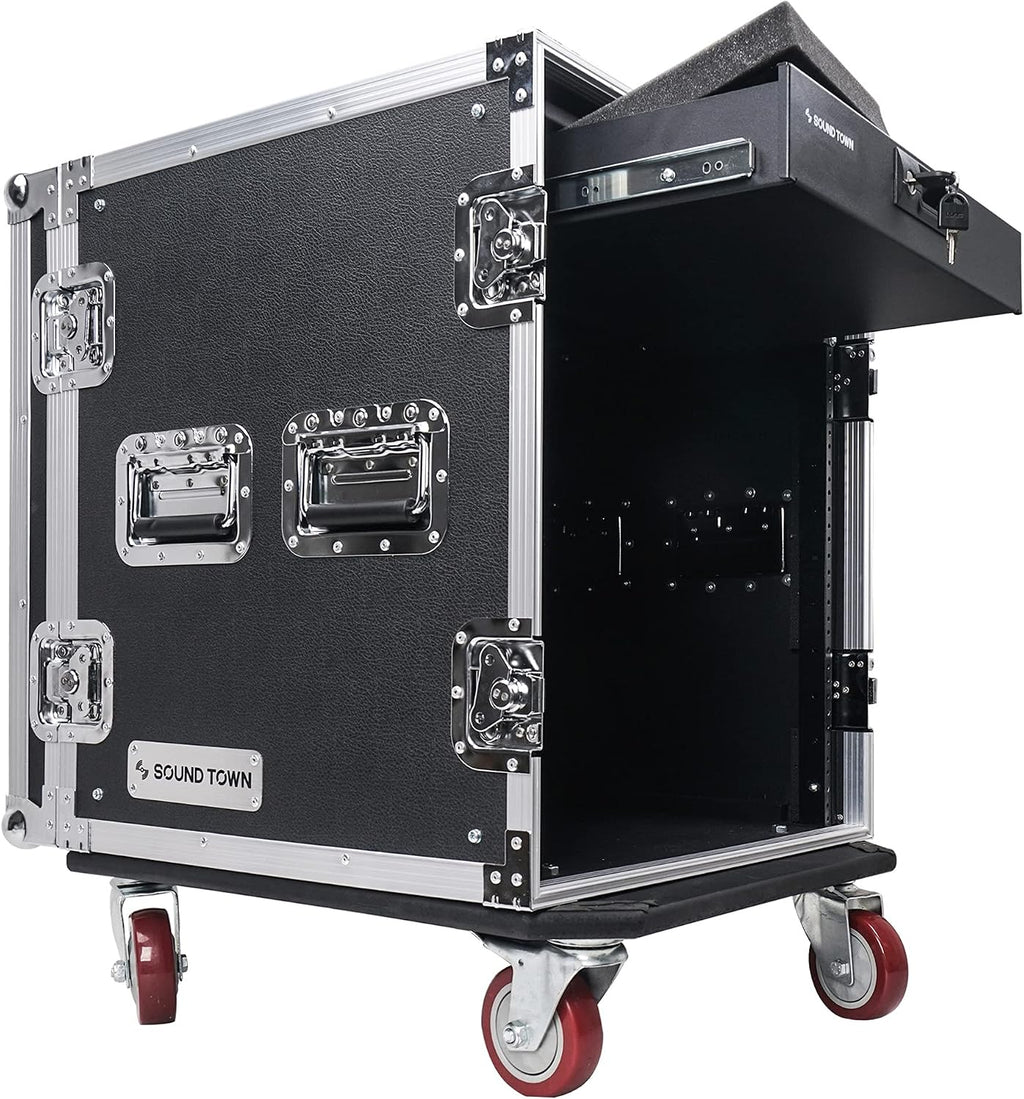 Sound Town 12U PA DJ Pro Audio Rack/Road ATA Case with Locking Drawer, 21'' Rackable Depth, Casters, Metal Ball Corners - Pro Tour Grade (STRC-12D2)