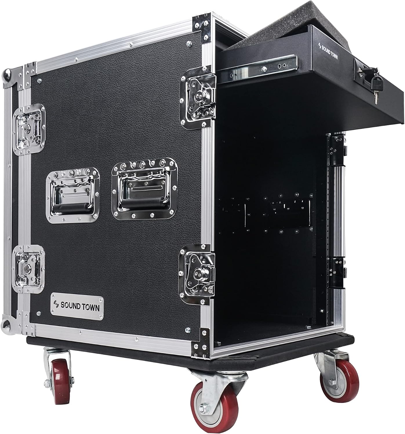Sound Town 12U PA DJ Pro Audio Rack/Road ATA Case with Locking Drawer, 21'' Rackable Depth, Casters, Metal Ball Corners - Pro Tour Grade (STRC-12D2)