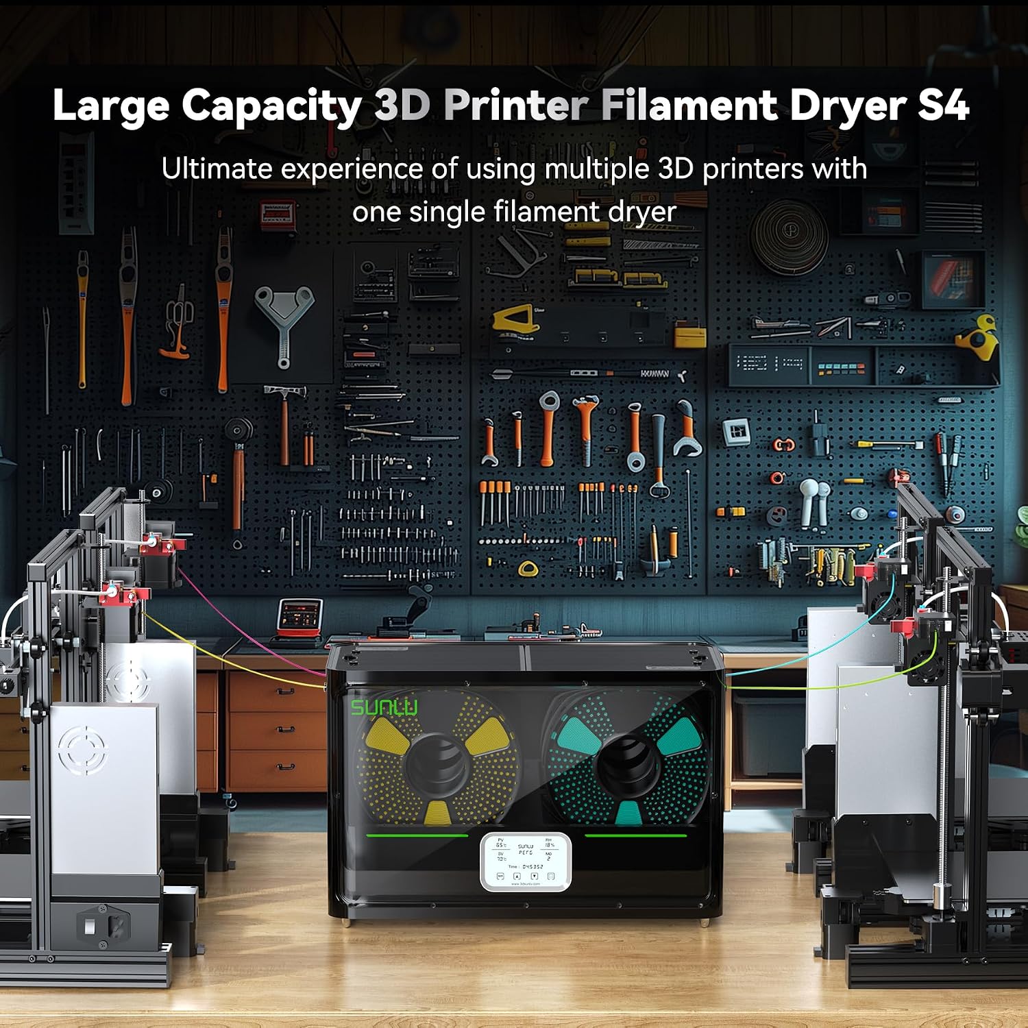 SUNLU Official Filament Dryer S4, 4 Spools Capacity, Efficient Heating to 70℃, 350W PTC Heater 3D Filament Dehydrator, Compatible with Nylon TPU PLA PETG ABS Filament 1.75/2.85/3.0mm, Black