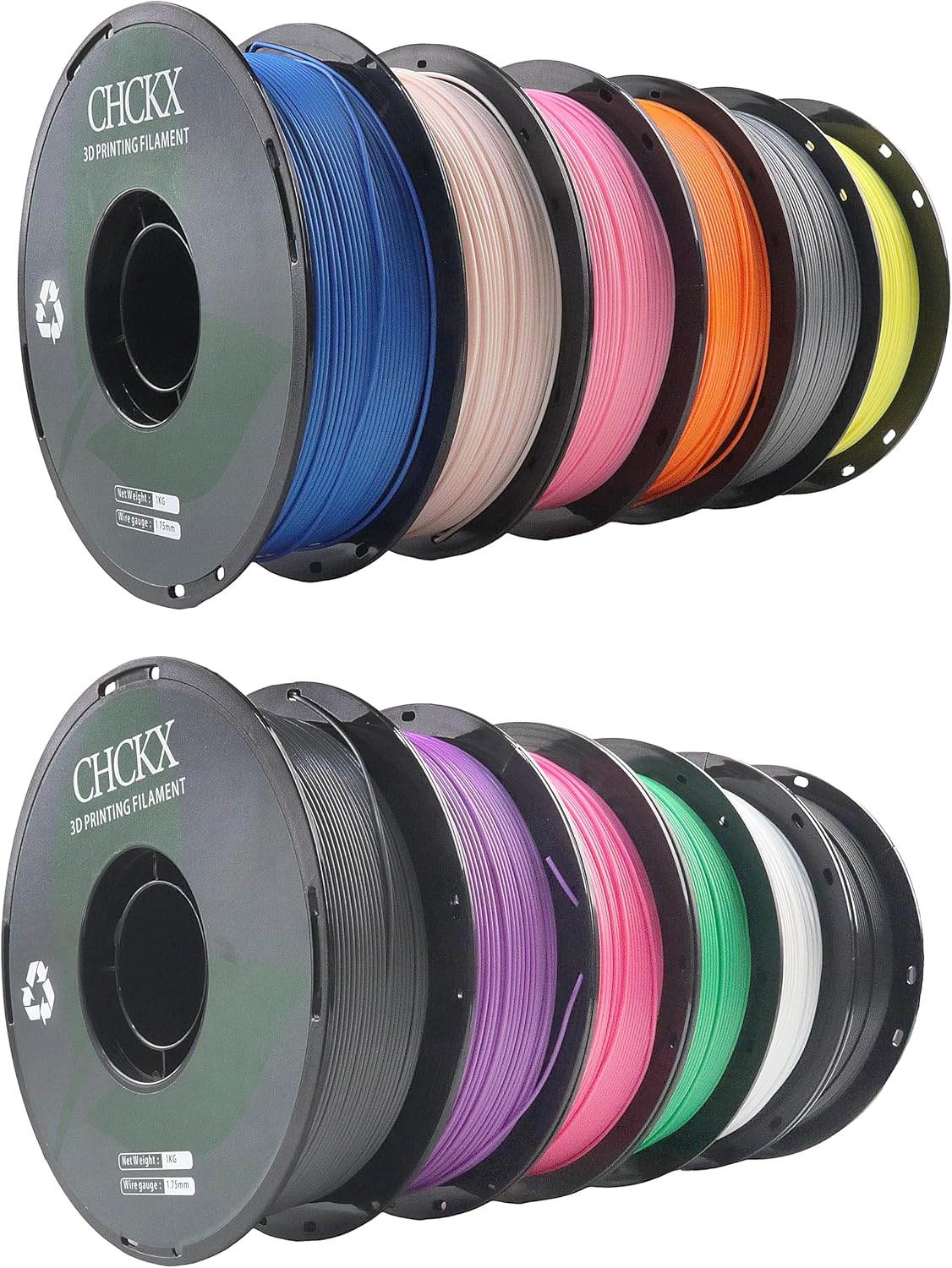 12 Pack PLA 3D Printer Filament, Dimensional Accuracy +/- 0.02 mm, 1kg Spool (2.2lbs), 1.75 mm，Black White Grey Red Green Yellow Purple Skin Blue Pink Orange Silver，12 Colors
