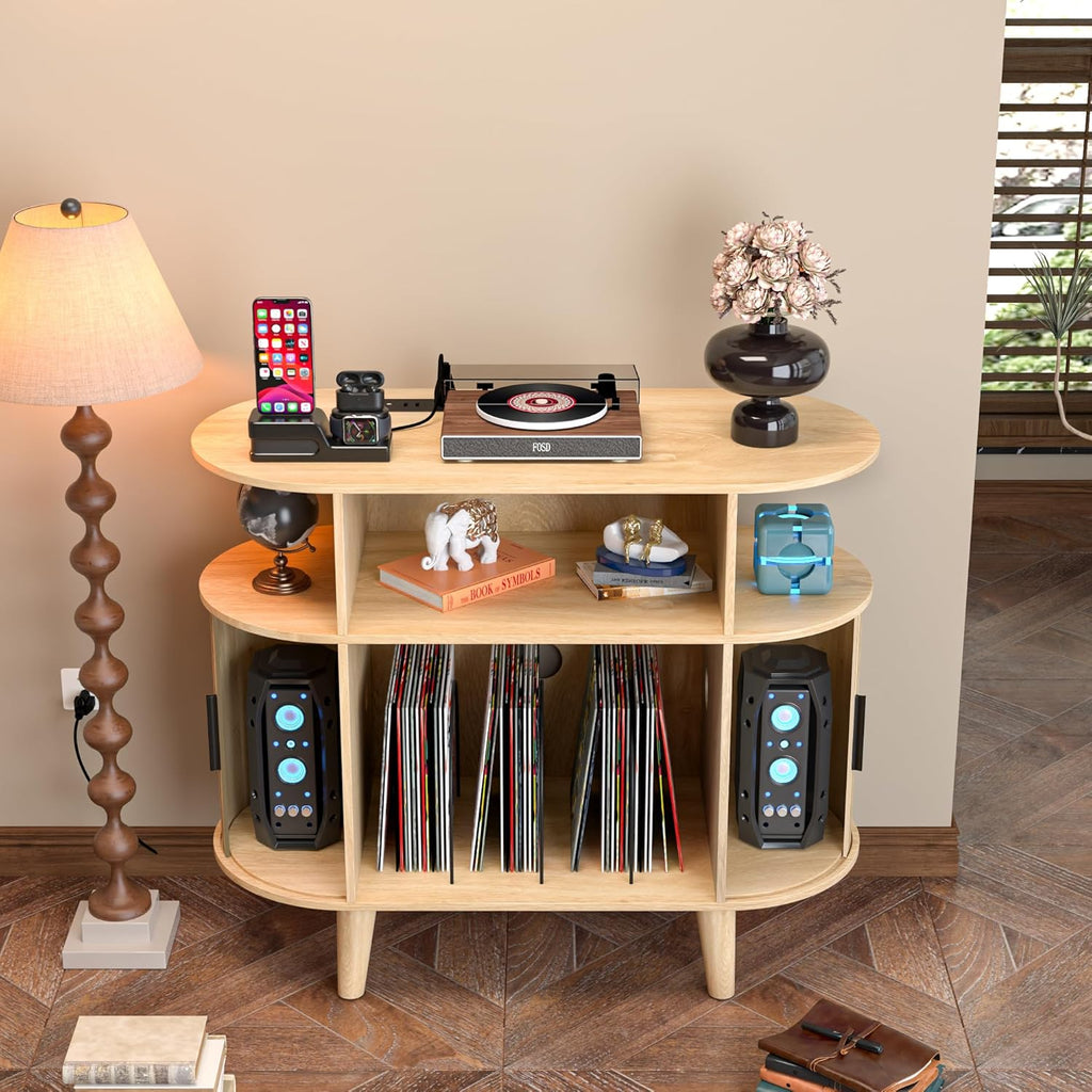 LUVIOHOME Large Round Record Player Stand with Charging Station & USB Ports，Record Storage Cabinet, Mid Century Modern Turntable Stand for Bedroom Living Room (Small Oak)
