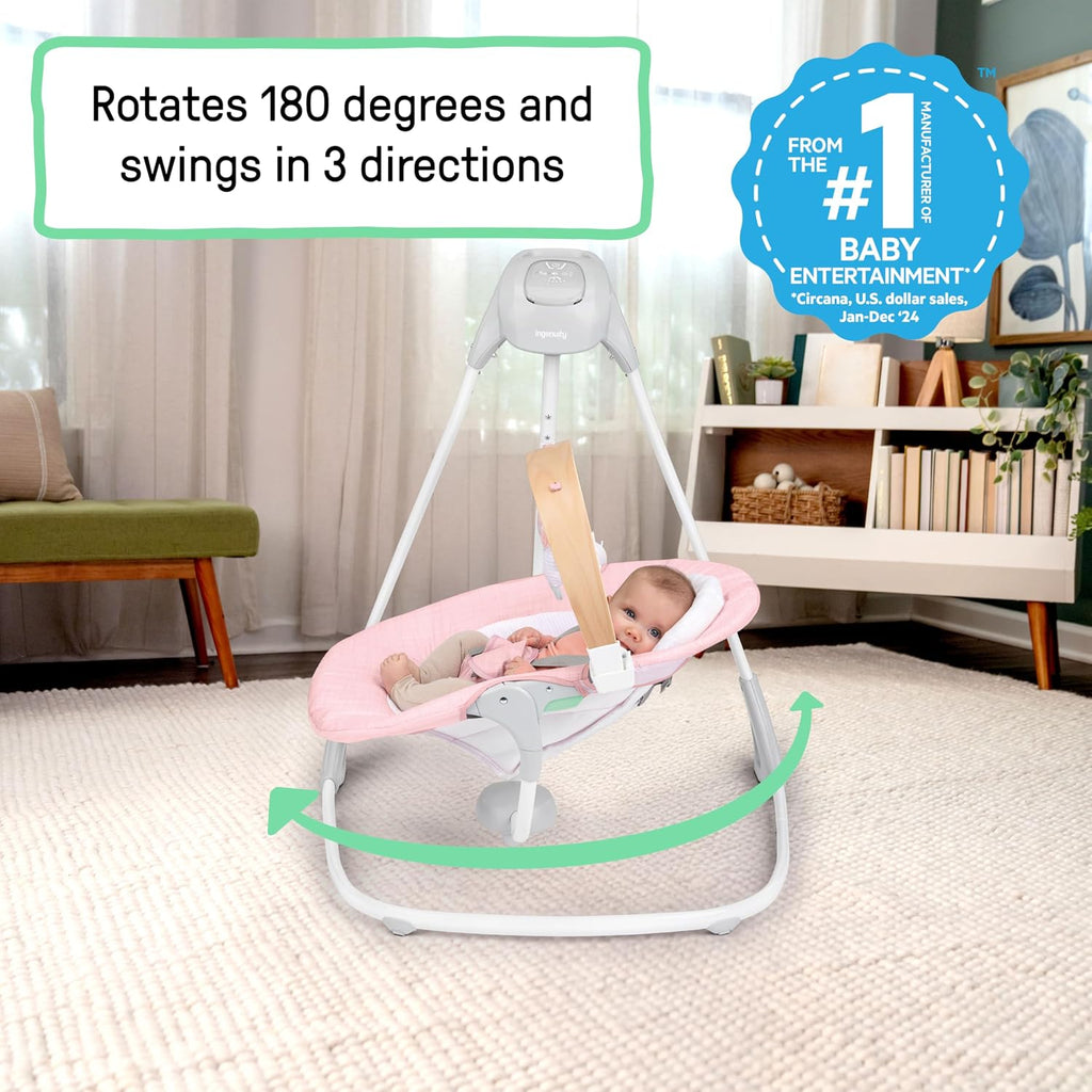 Ingenuity SimpleComfort Compact Baby Swing, Rotating Seat Swings in 3 Directions, 6 Speeds, 8 Melodies & 3 Nature Sounds, Ages 0-9 Months, Up to 20 Pounds - Pink
