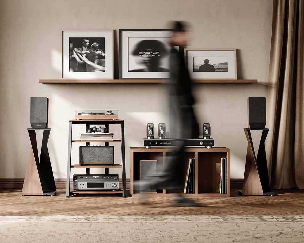 FITUEYES Design 4-Tier AV Media Stand Corner Shelf for Record Player Wooden Stereo Cabinet Audio Rack Tower with Height Adjustable Wooden Shelves for ps4 (Walnut)