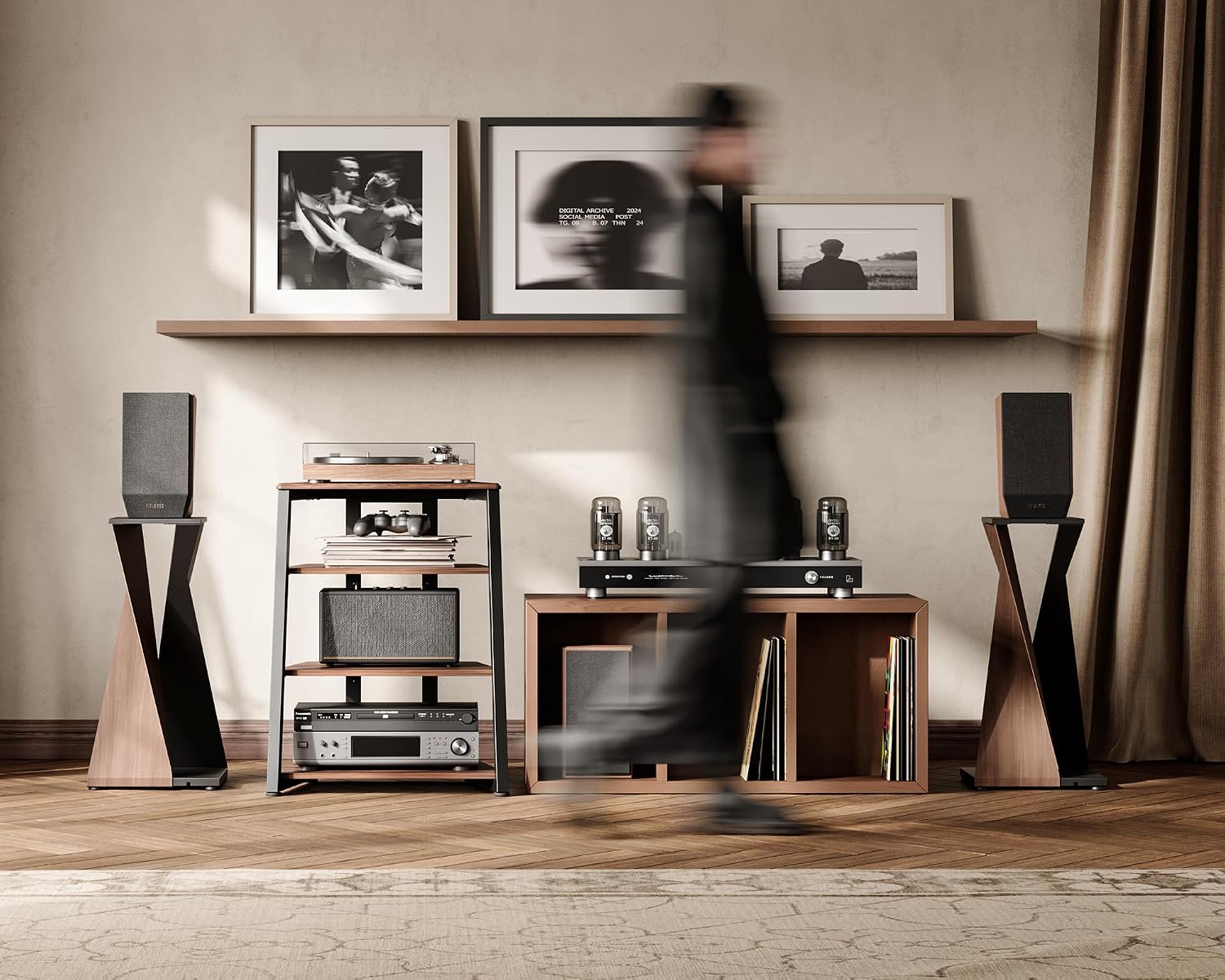 FITUEYES Design 4-Tier AV Media Stand Corner Shelf for Record Player Wooden Stereo Cabinet Audio Rack Tower with Height Adjustable Wooden Shelves for ps4 (Walnut)