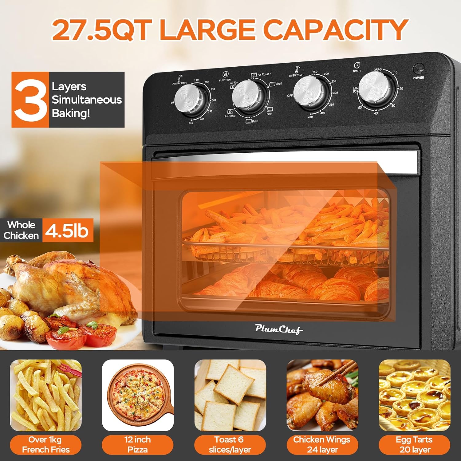 Plum chef 27.5QT 6-in-1 Air Fryer Toaster Oven Extra Large Dropdown-Door 6-Slice Convection Oven for Air Frying, Baking, Roasting, Broiling & Grilling, Stainless Steel Housing, Black