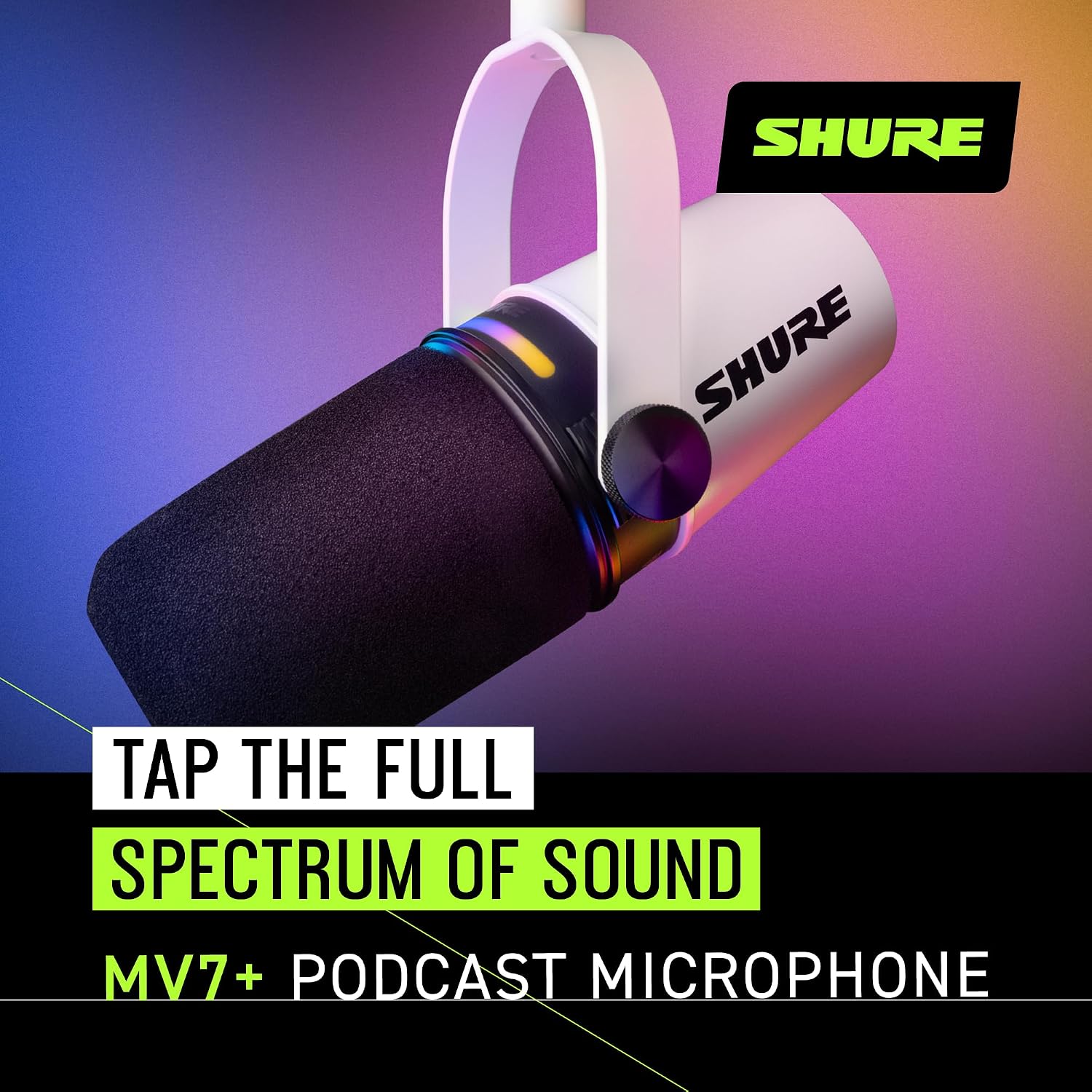 Shure MV7+ Dynamic Microphone – USB-C & XLR Podcast Mic for Streaming, Recording & Broadcasting, OBS Certified, Auto Level Mode, Digital Pop Filter, LED Panel, White