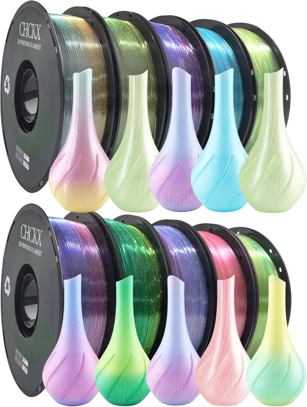 10 Pack Crystal Rainbow PLA 3D Printer Filament Bundle, Dimensional Accuracy +/- 0.02 mm, 1kg (2.2lbs), 1.75 mm, 10 Rolls Multicolor Assortment Pink, Blue, Green, Purple,Yellow Green Purple