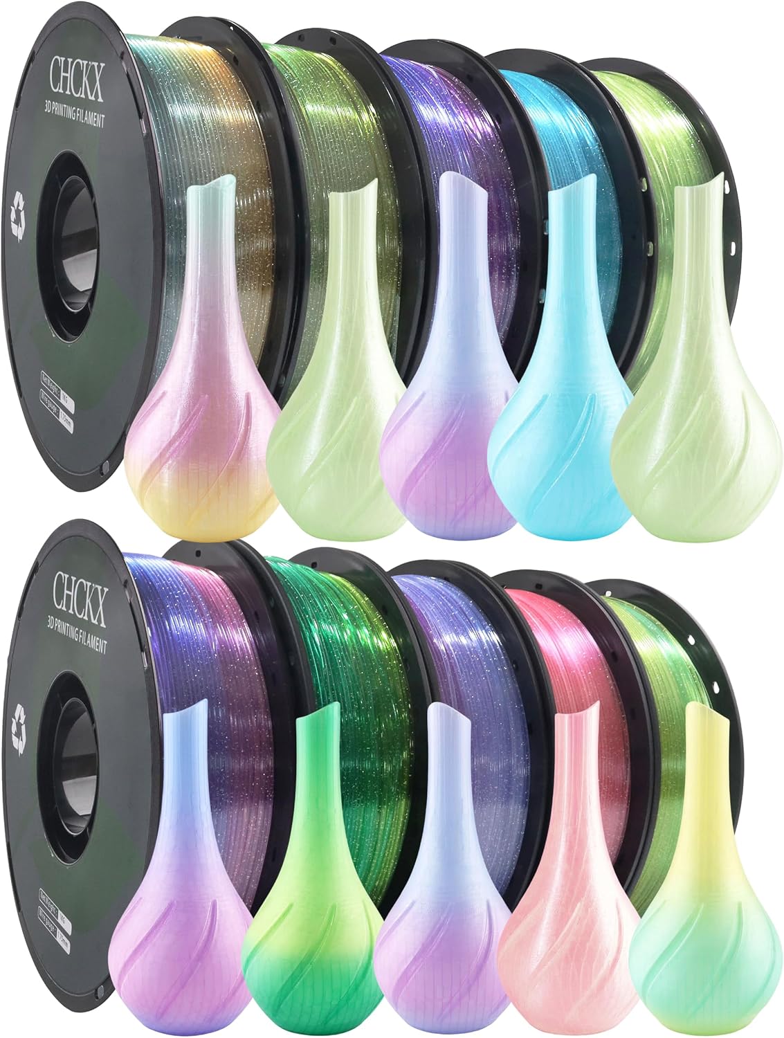 10 Pack Crystal Rainbow PLA 3D Printer Filament Bundle, Dimensional Accuracy +/- 0.02 mm, 1kg (2.2lbs), 1.75 mm, 10 Rolls Multicolor Assortment Pink, Blue, Green, Purple,Yellow Green Purple