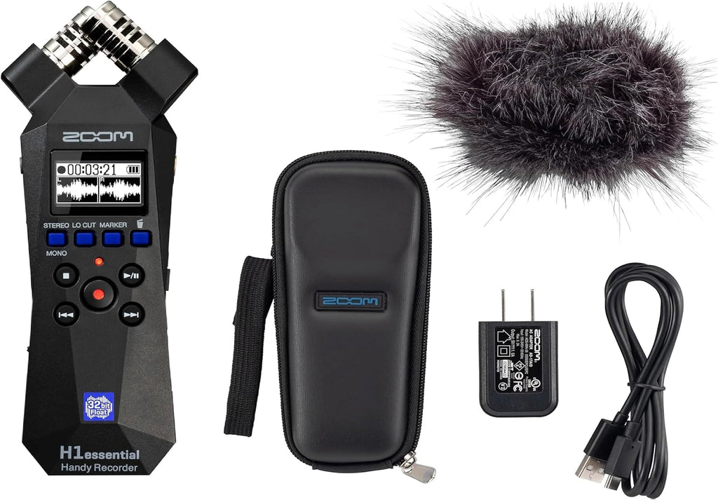 Zoom H1essential 2-Track 32-Bit Float Portable Audio Recorder Bundle with APH-1e with Hairy Windscreen, Padded Shell Case, AC Adapter, & USB C-Cable