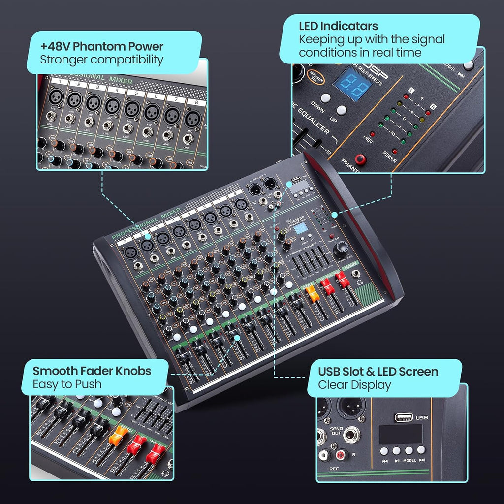 Audio Mixer 8 Channel, Professional Music Sound Mixer Board with 48V Phantom Power, Digital DJ Mixing Console with Reverb USB Port Bluetooth for Recording Karaoke Podcasting