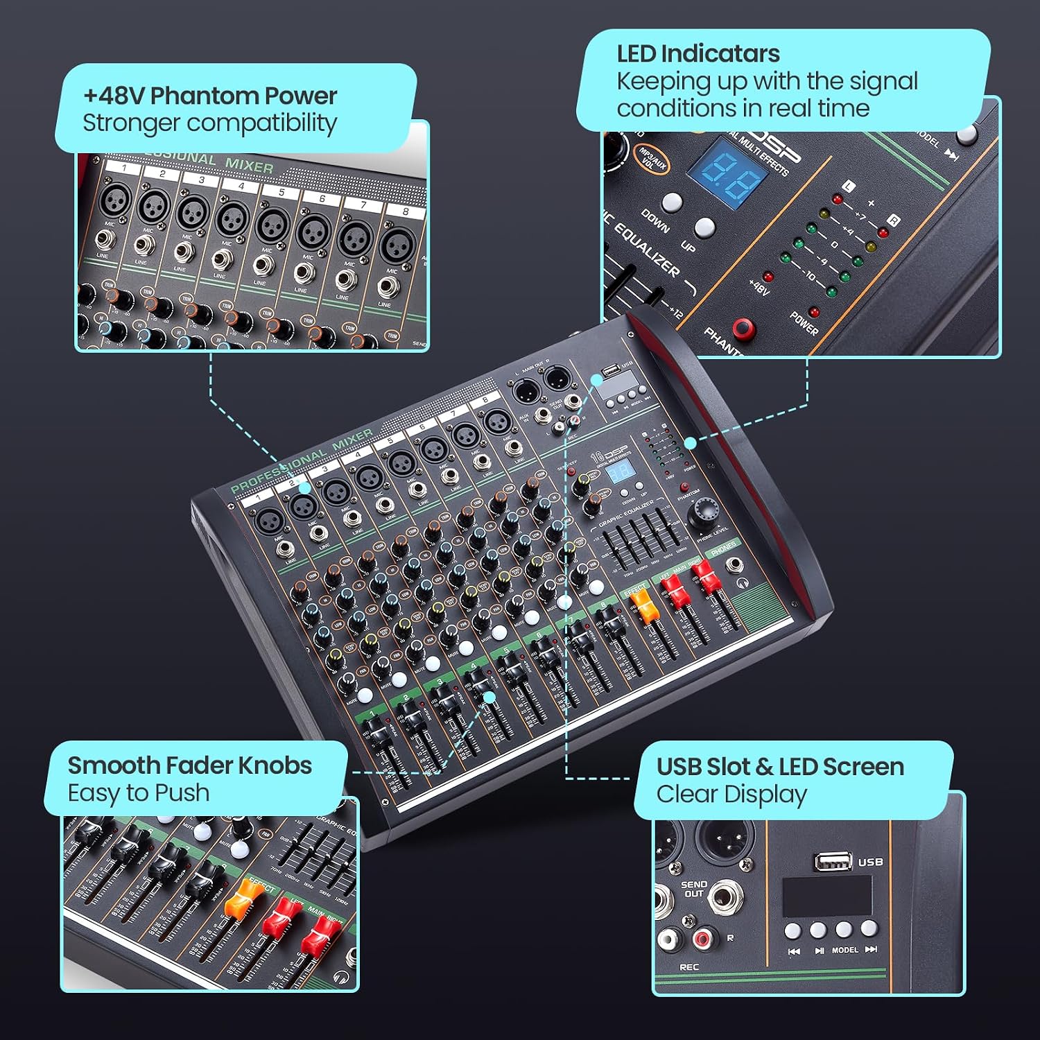 Audio Mixer 8 Channel, Professional Music Sound Mixer Board with 48V Phantom Power, Digital DJ Mixing Console with Reverb USB Port Bluetooth for Recording Karaoke Podcasting