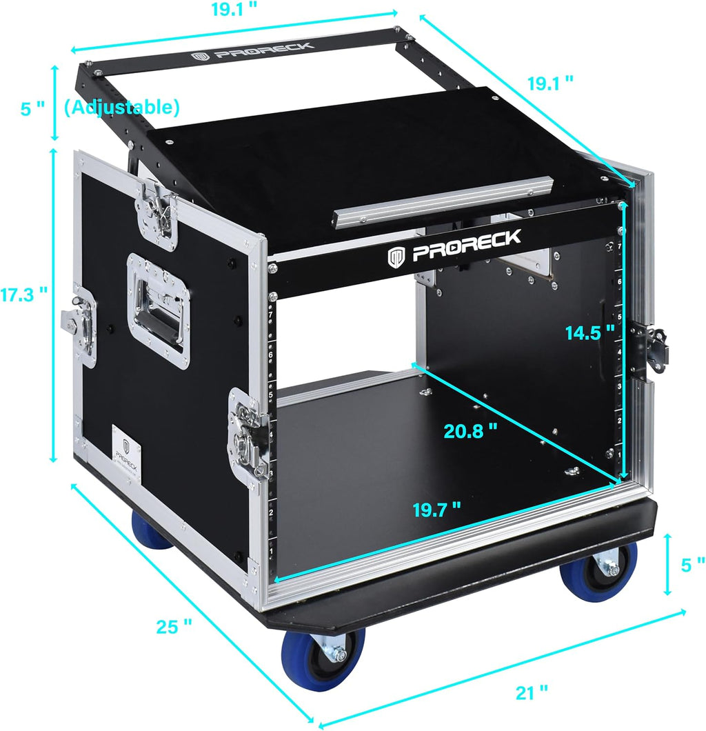 PRORECK 8U Rack/Road Case With Slant Mixer Top, And Casters, 20'' Rackable Depth, Plywood, 8U Installation Size, Pro Stage Performance.