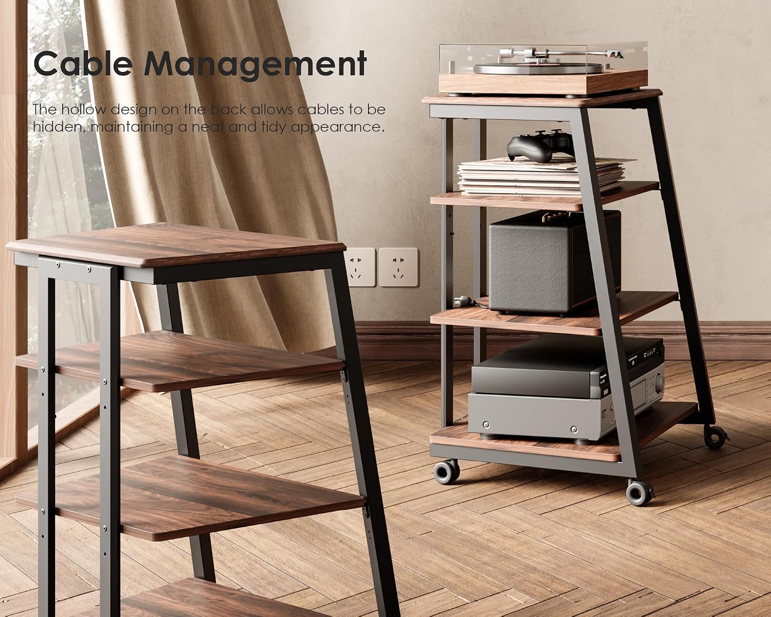 FITUEYES Design 4-Tier AV Media Stand Corner Shelf for Record Player Wooden Stereo Cabinet Audio Rack Tower with Height Adjustable Wooden Shelves for ps4 (Walnut)