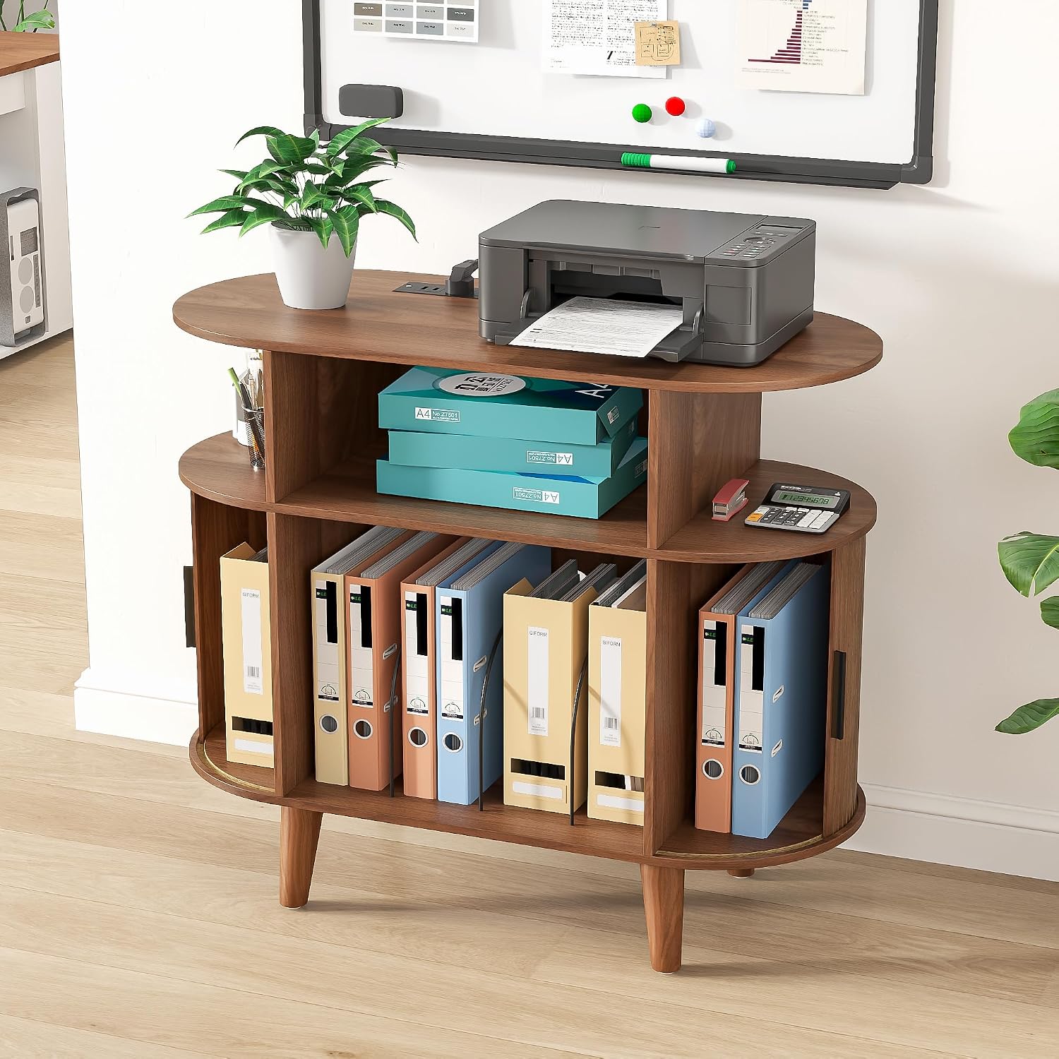 Fiogmub Round Printer Stand with Charging Station & USB Ports, 35.4 x15.7 x 30 Inches Large Printer Table 3 Tier with Storage Shelf for Home Office (Walnut)