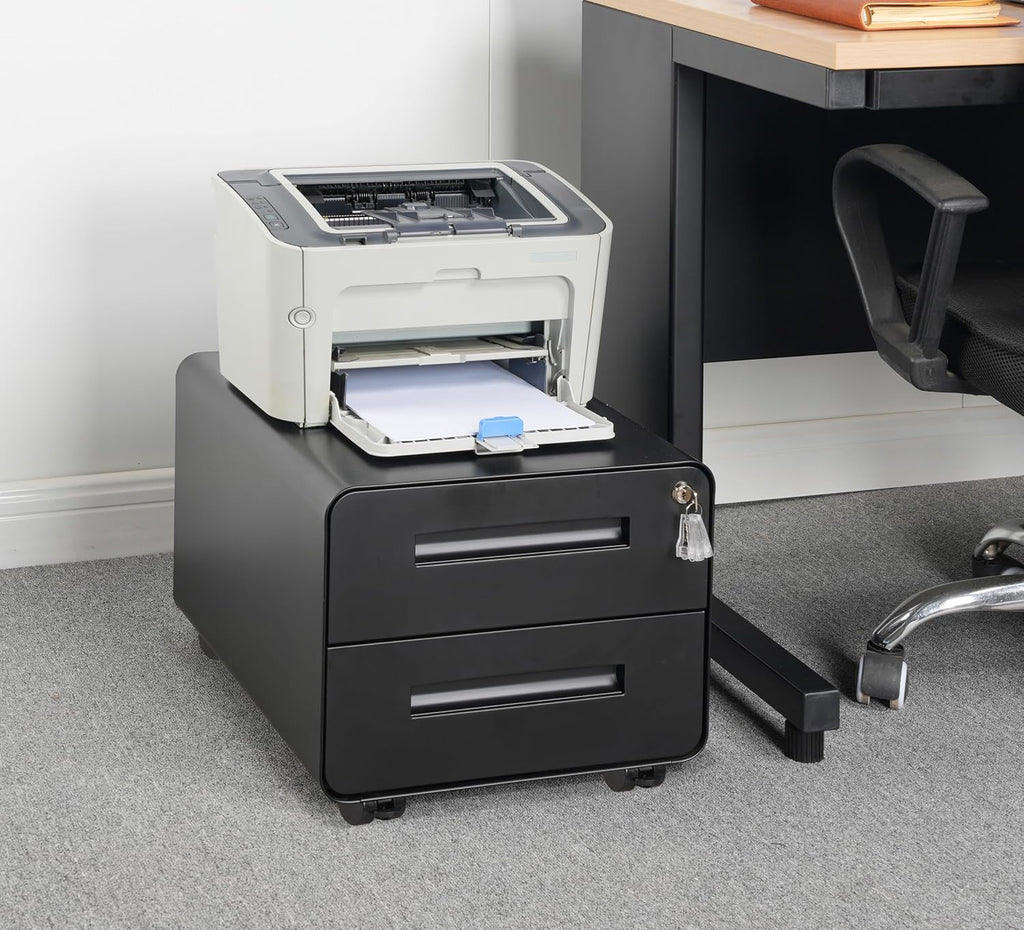 Under Desk Printer Stand with Storage – 2-Drawer Printer Table for Home & Office, Mobile Printer Cart with 2 Sets of Casters and Lockable Drawers, 4 Keys, Black