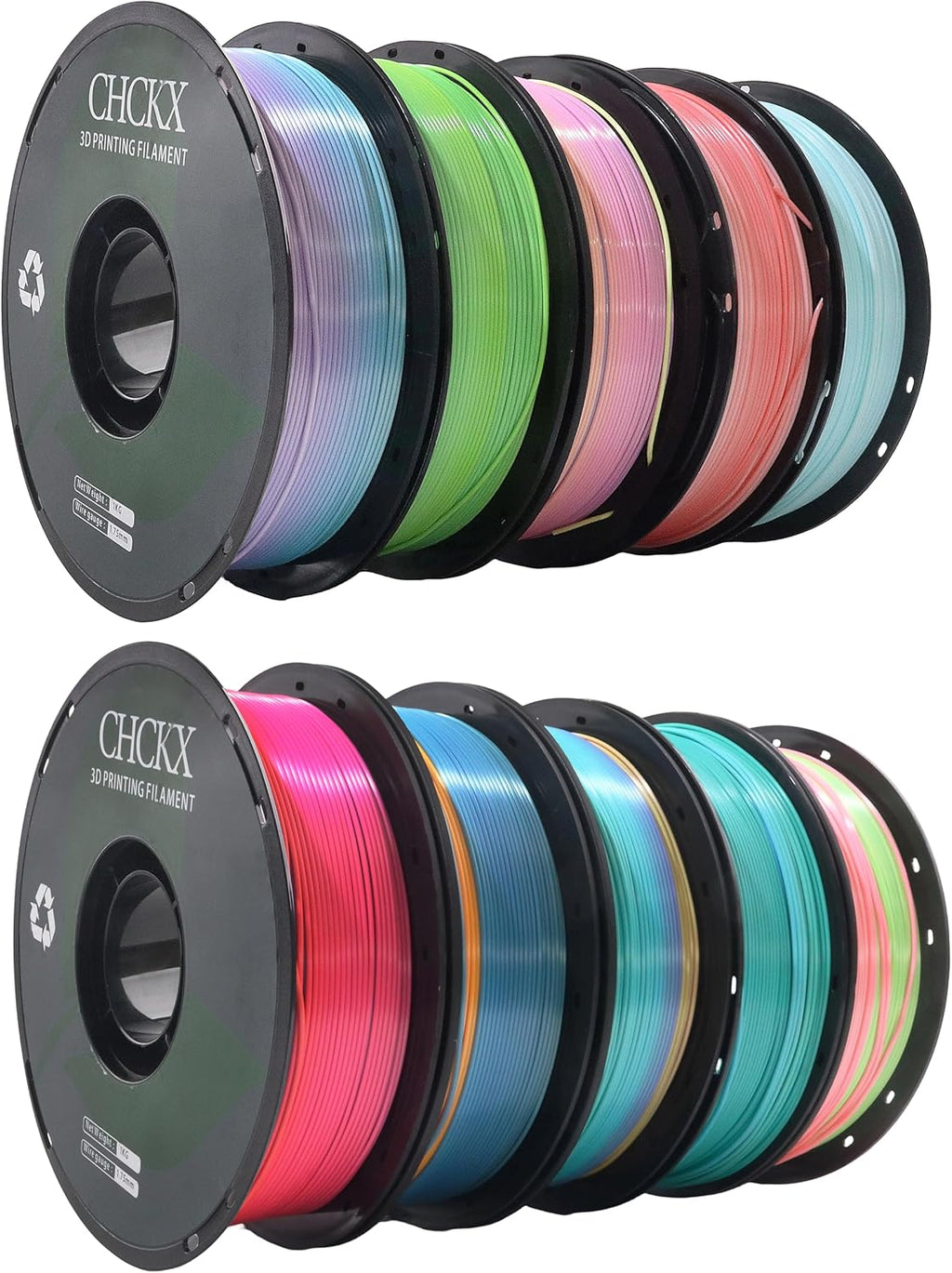 10 Pack Silk Rainbow PLA 3D Printer Filament Bundle, Dimensional Accuracy +/- 0.02 mm, 1kg (2.2lbs), 1.75 mm, Rainbow Candy,Blue Green,Red White,Blue White,Green, 10 Mix Rainbow Colors