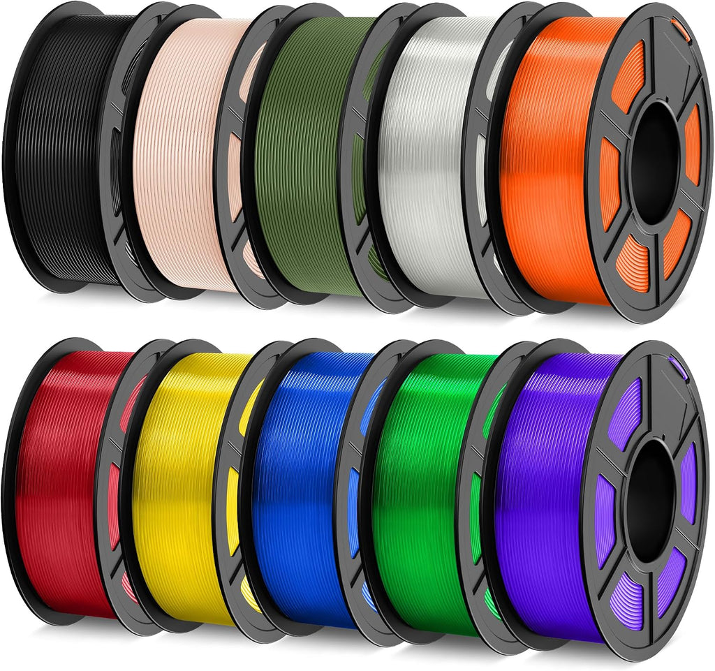 TECBEARS PLA Plus Filament 1.75mm Bundle, 10kg PLA+ 3D Printer Filament, 10 Pack 1kg Spool,Black+Skin+Olive Green+Transparent with 6 Spool of Clear Orange/Yellow/Green/Red/Blue/Purple