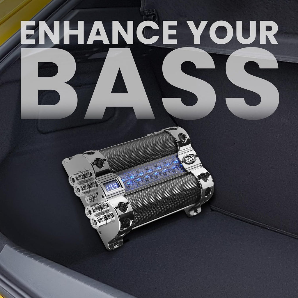 BOSS Audio Systems Cap18 - 18 Farad Car Capacitor For Energy Storage To Enhance Bass Demand From Audio System, Audible Warning Tone For Reverse Polarity, Voltage Overload Low Battery Voltage Led