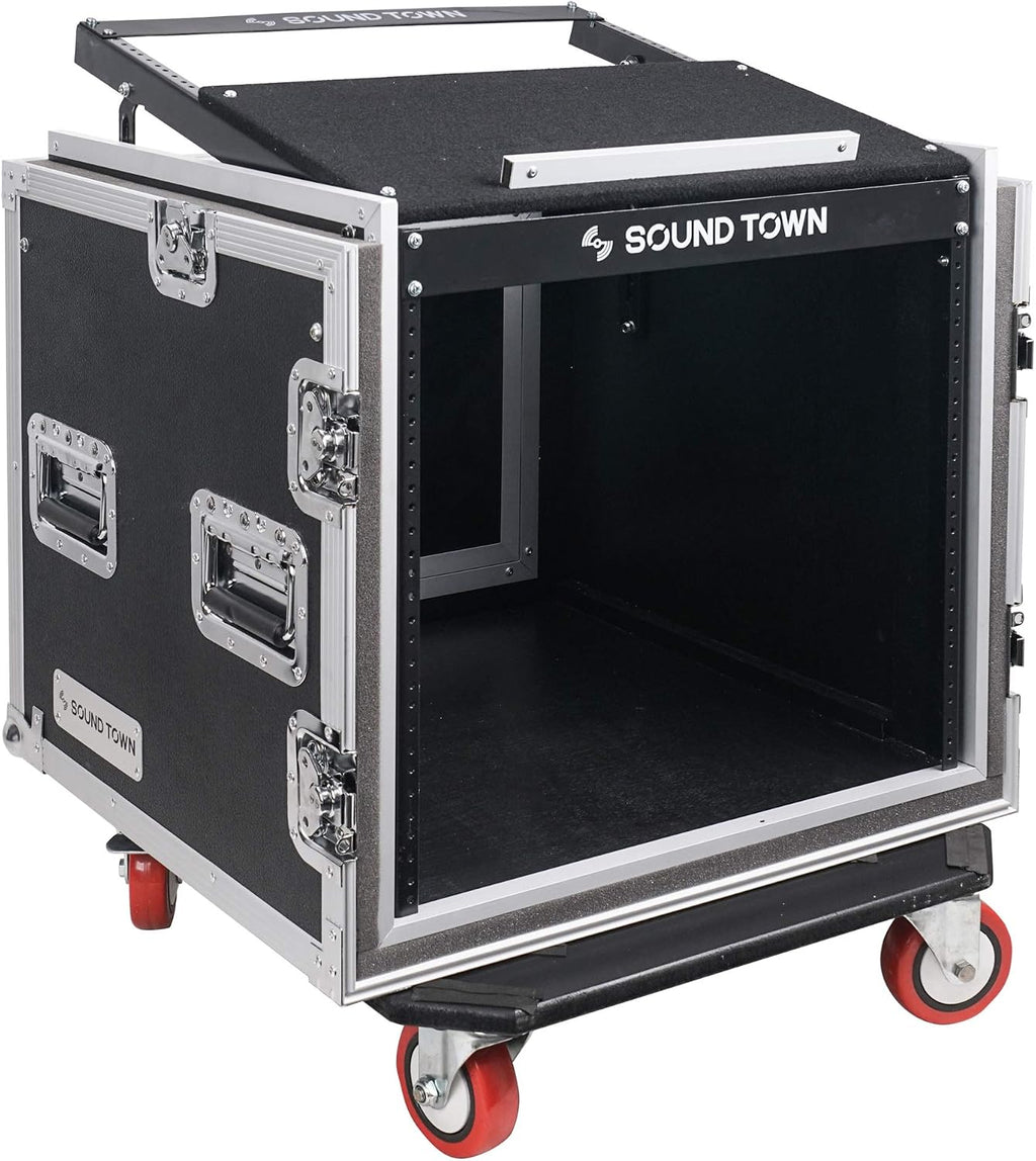 Sound Town Shock Mount 10U ATA Rack Case with 20' Rackable Depth, 11U Slant Mixer Top and Casters, 10-Space Size - Pro Tour Grade (STMR-SP10UW)