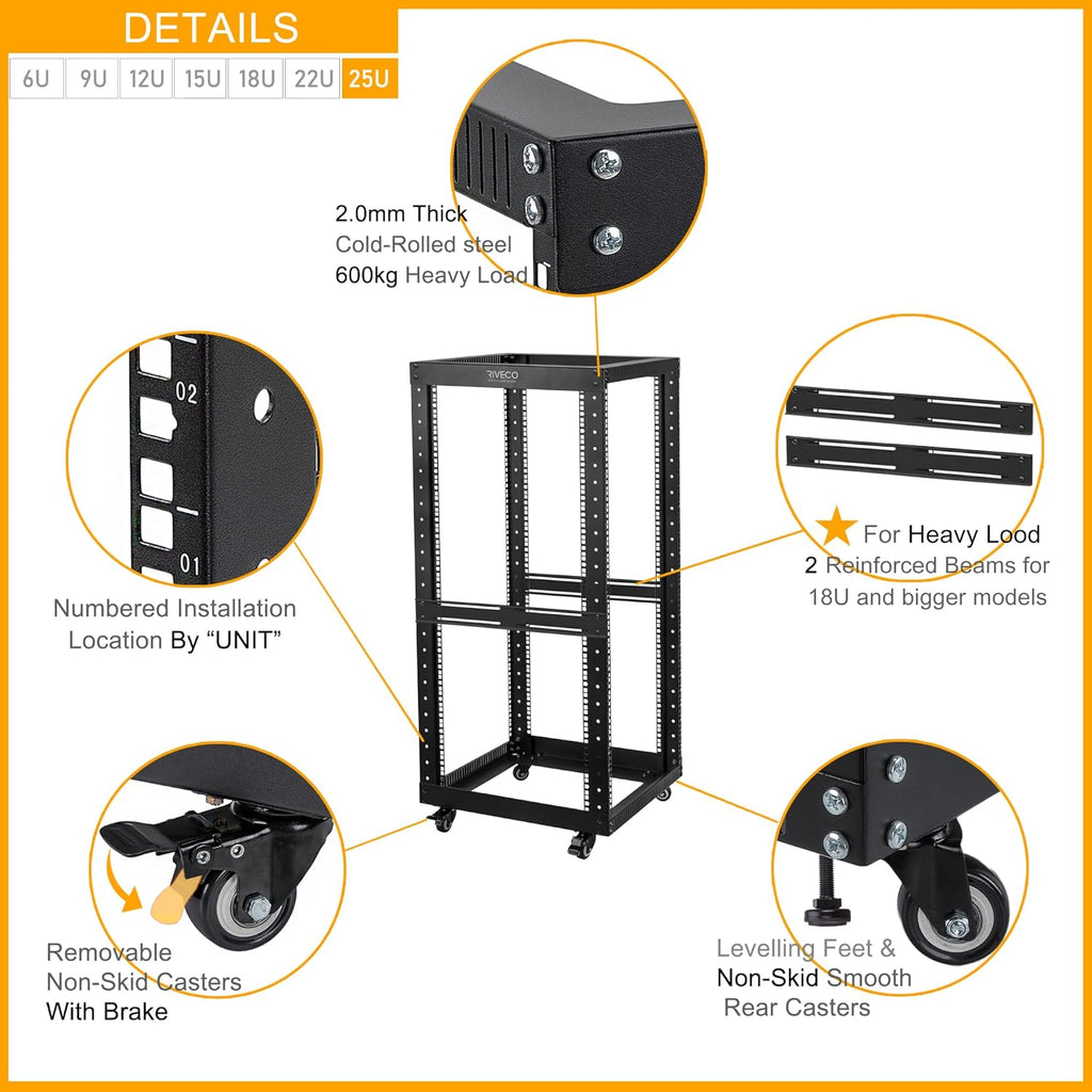 RIVECO 25U Open Frame Server Rack with Wheels- Heavy Duty 4 Post Quick Assembly 19-inch Support 600 LBS Equipment Thick Cold Rolled Steel Cabinet Black