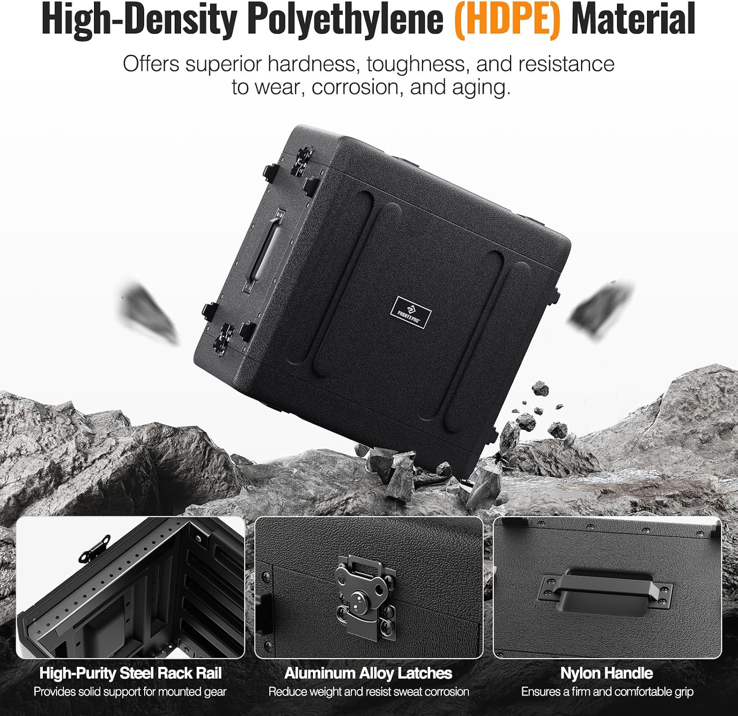 Phenyx Pro 6U Rack Case, 19' Rackmount Road Case, Detachable Front and Back Cover Storage, Shockproof & Waterproof, Audio Rack for Wireless Mic Systems, IEMs, Amplifiers (PRCSE-6UD)