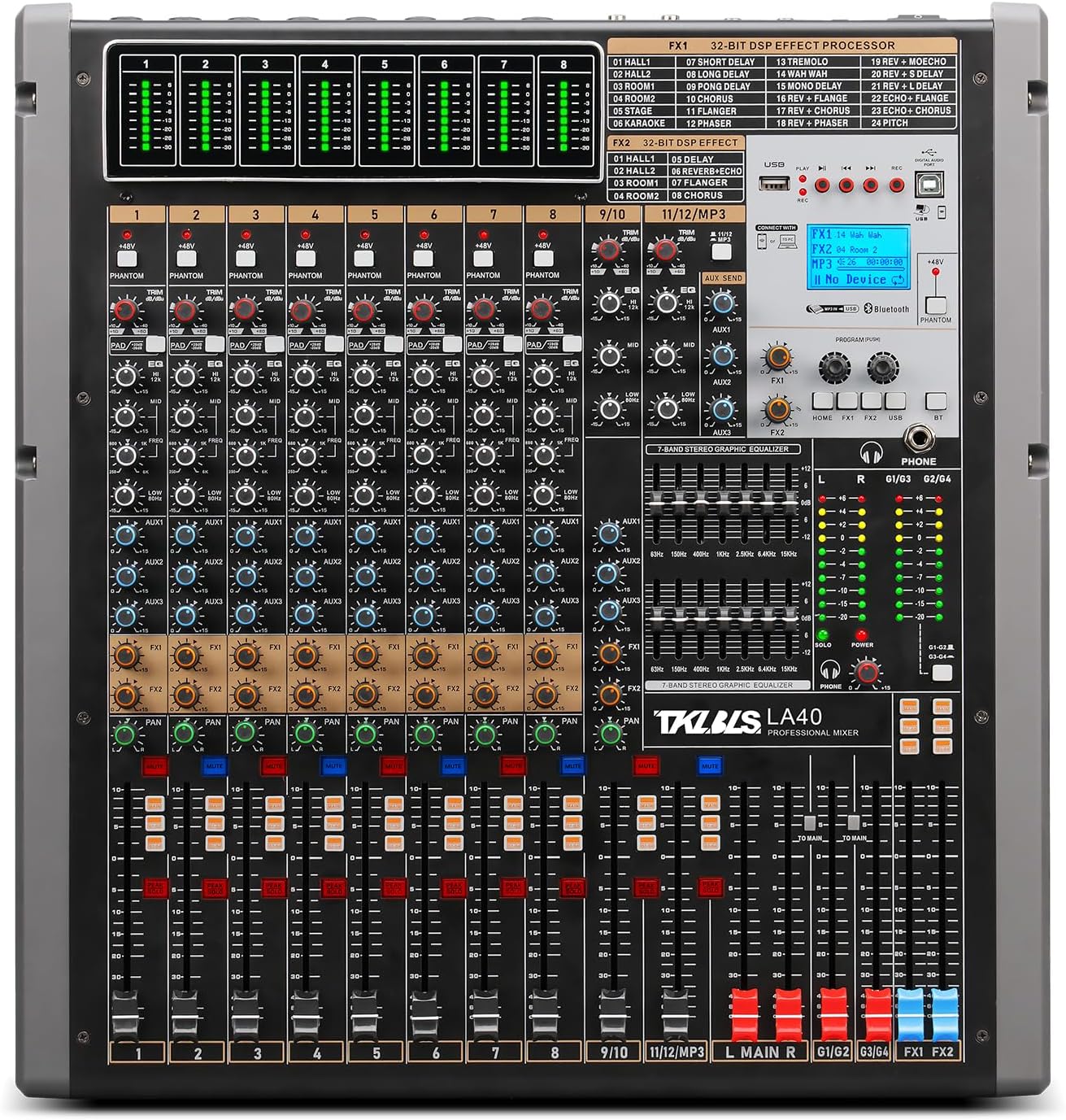 12 Channel Audio Mixer for Recording, USB Mixing Console with 99 DSP Effects, 48V Phantom Power, XLR Inputs for Studio, Streaming, Content Creation